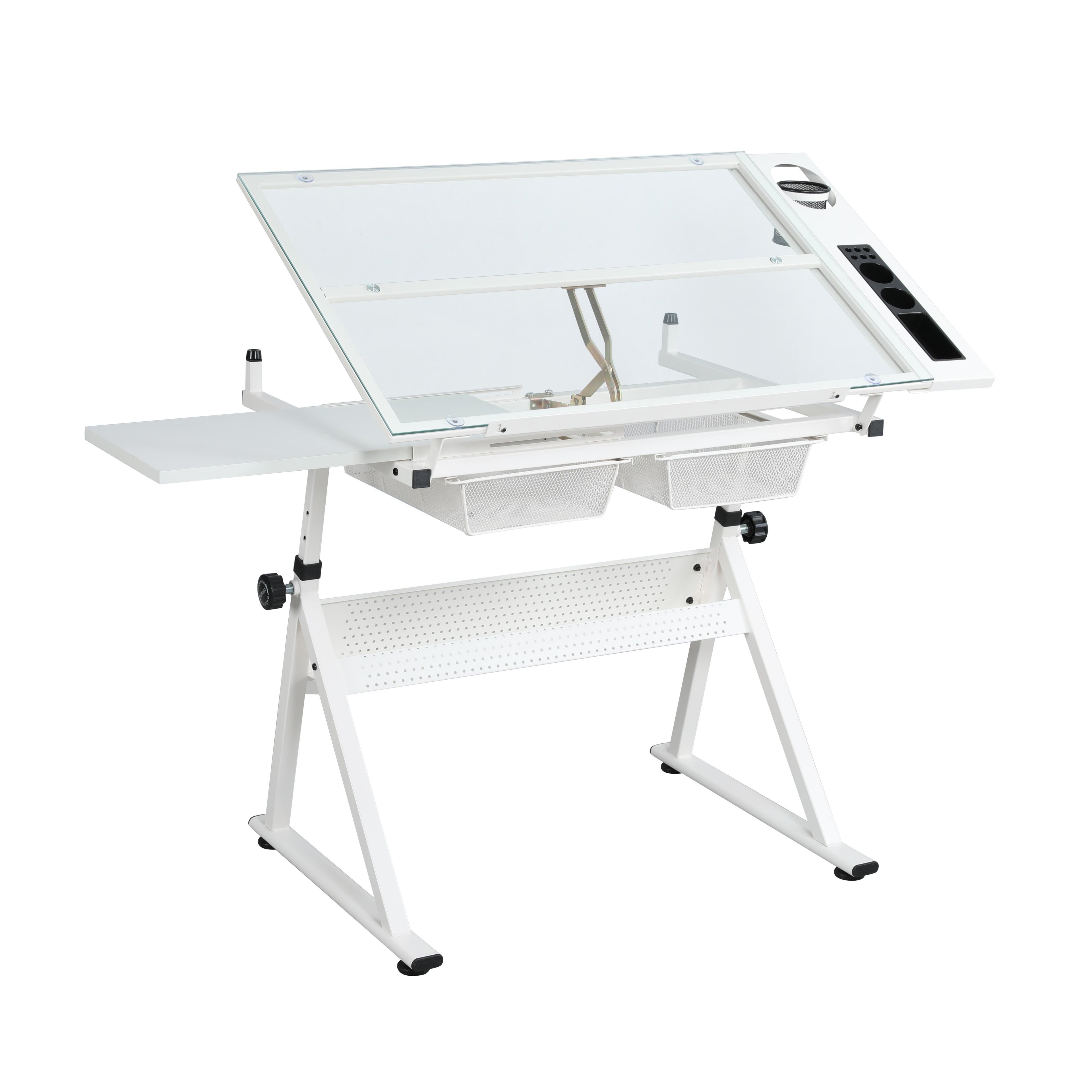 Adjustable Tempered Glass Drafting Table with 2 Metal Drawers, Chair, Powder-Coated Steel Frame Desk for Kids, 40" L x 23.5" W x 27.5" H, White