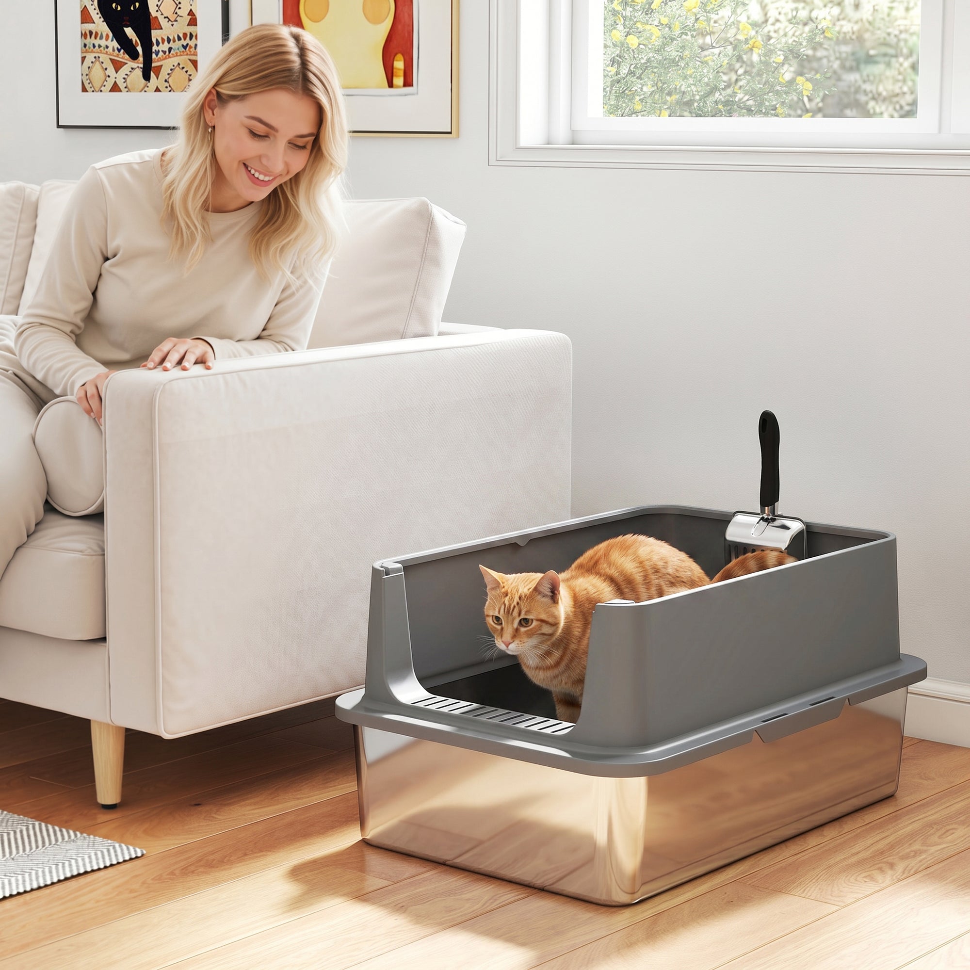 Extra Large Stainless Steel Cat Litter Box with Scoop & Pad, Anti-Urine Leakage, Easy Cleaning, Non-Sticky