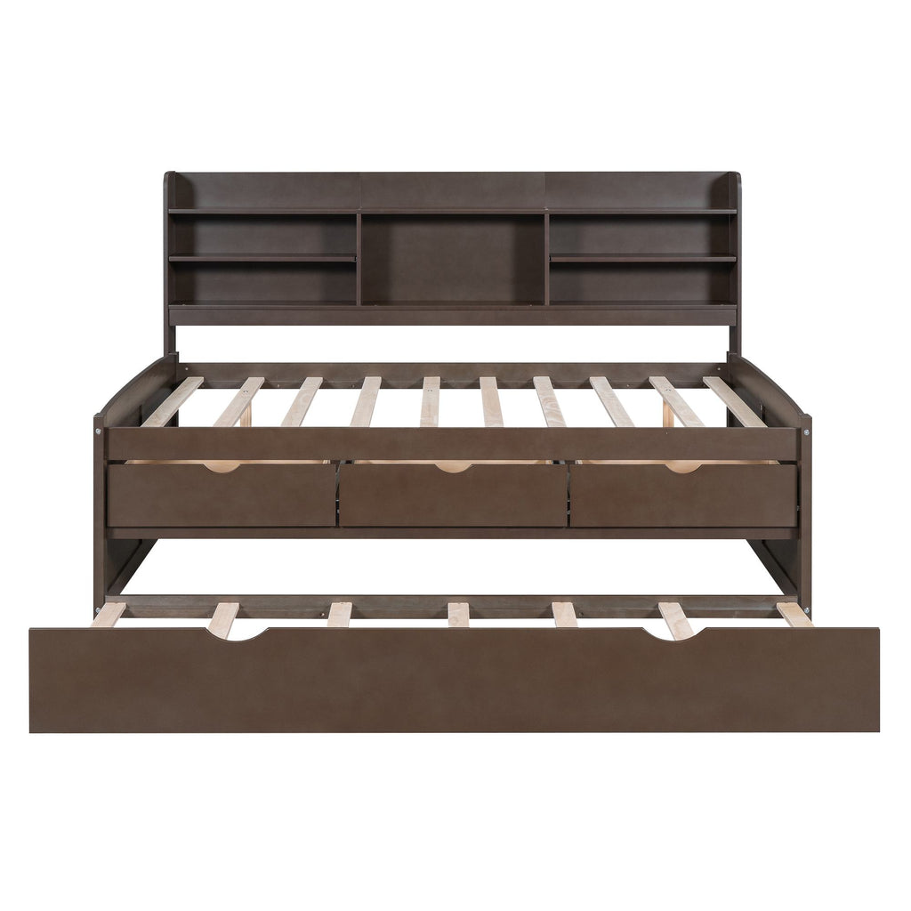Classic Style Full Size Wooden Captain Bed with Built-in Bookshelves, 3 Storage Drawers, Trundle, 79" L x 104.5" W x 47" H, Antique Gray