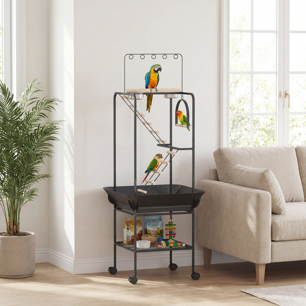 64"H Rolling Bird Playground Parrot Stand with Seed Guard & Wheels, Ladders, Swing, Toy Hook & Bowls