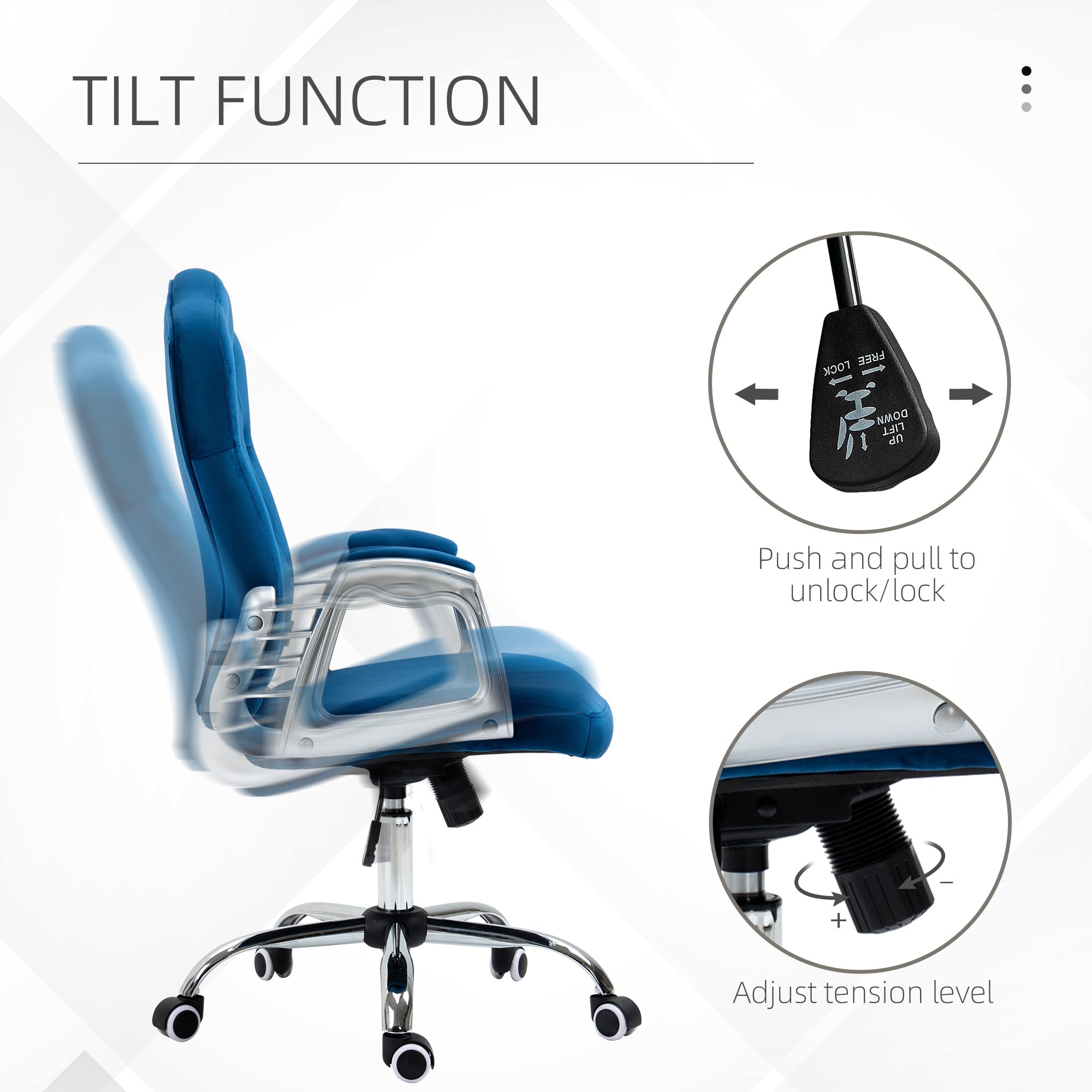 Velvet Office Chair Desk Chair with 360 Degree Swivel Wheels Adjustable Height Tilt Function Blue