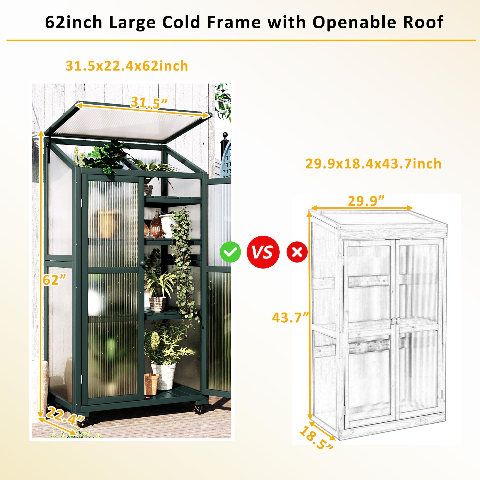 Portable Wood Greenhouse with Wheels & 3-Tier Shelf, Solid Wood Frame with Openable Roof for Balcony, 31.5'' L x 22.5'' W x 62'' H, Green