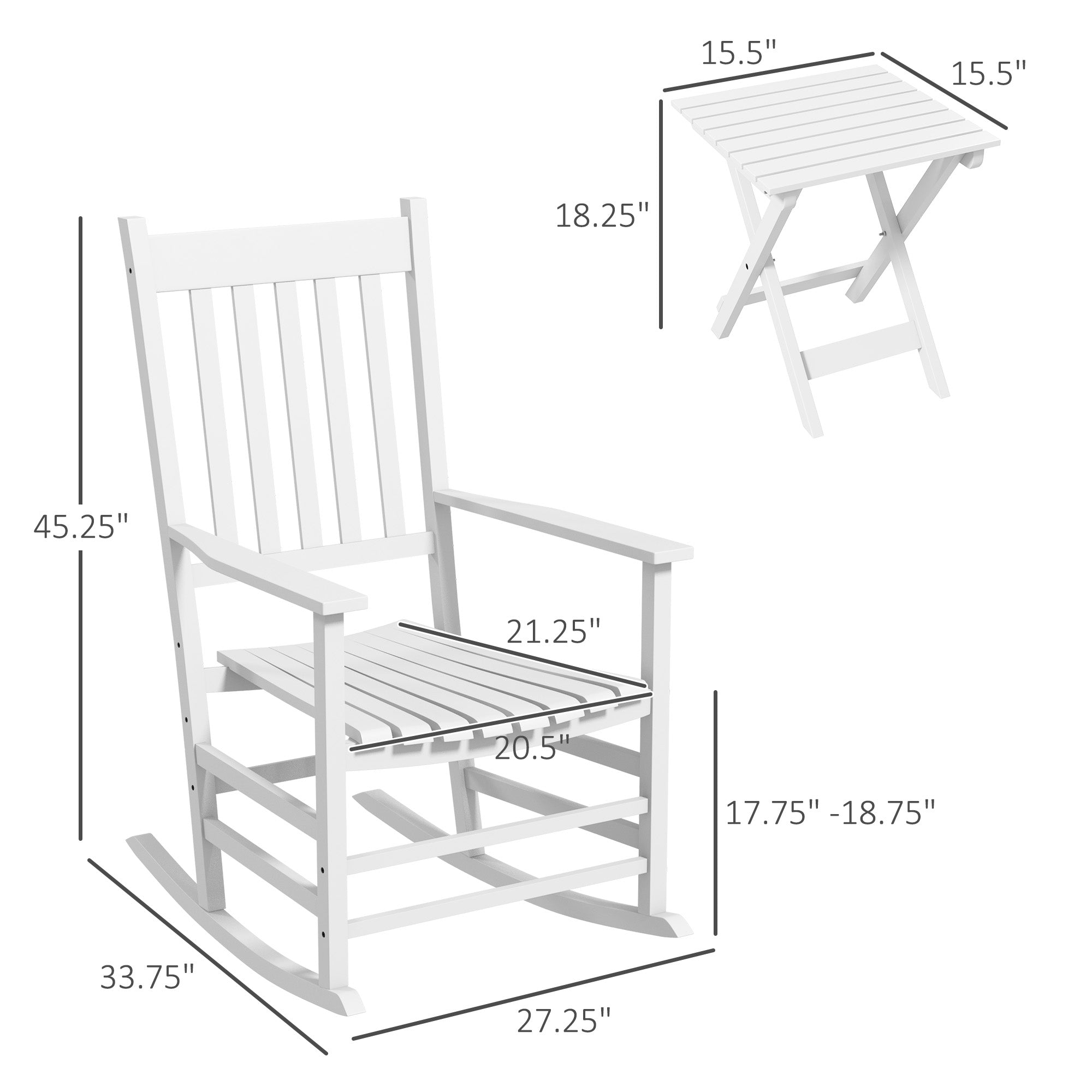 Wooden Rocking Chair Set, Curved Armrests, High Back, Slatted Top Table Outdoor Rocker Set, White