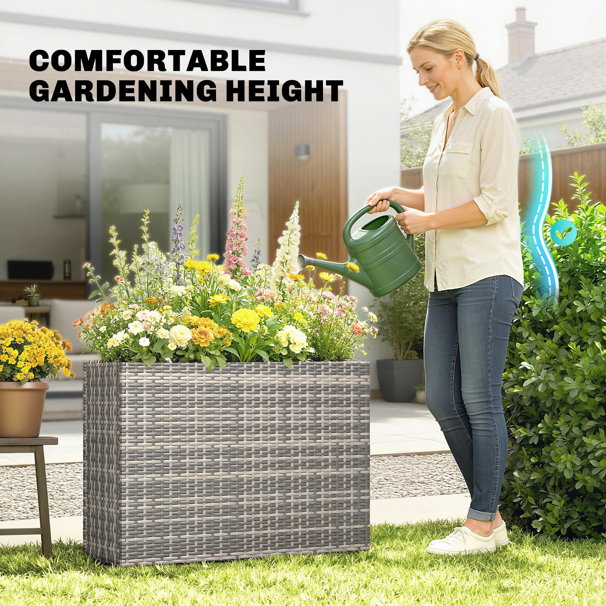 Tall Rectangular Planter with Removable Liner, Holes, PE Wicker Large Planter Box for Indoor Outdoor Plants, Gray