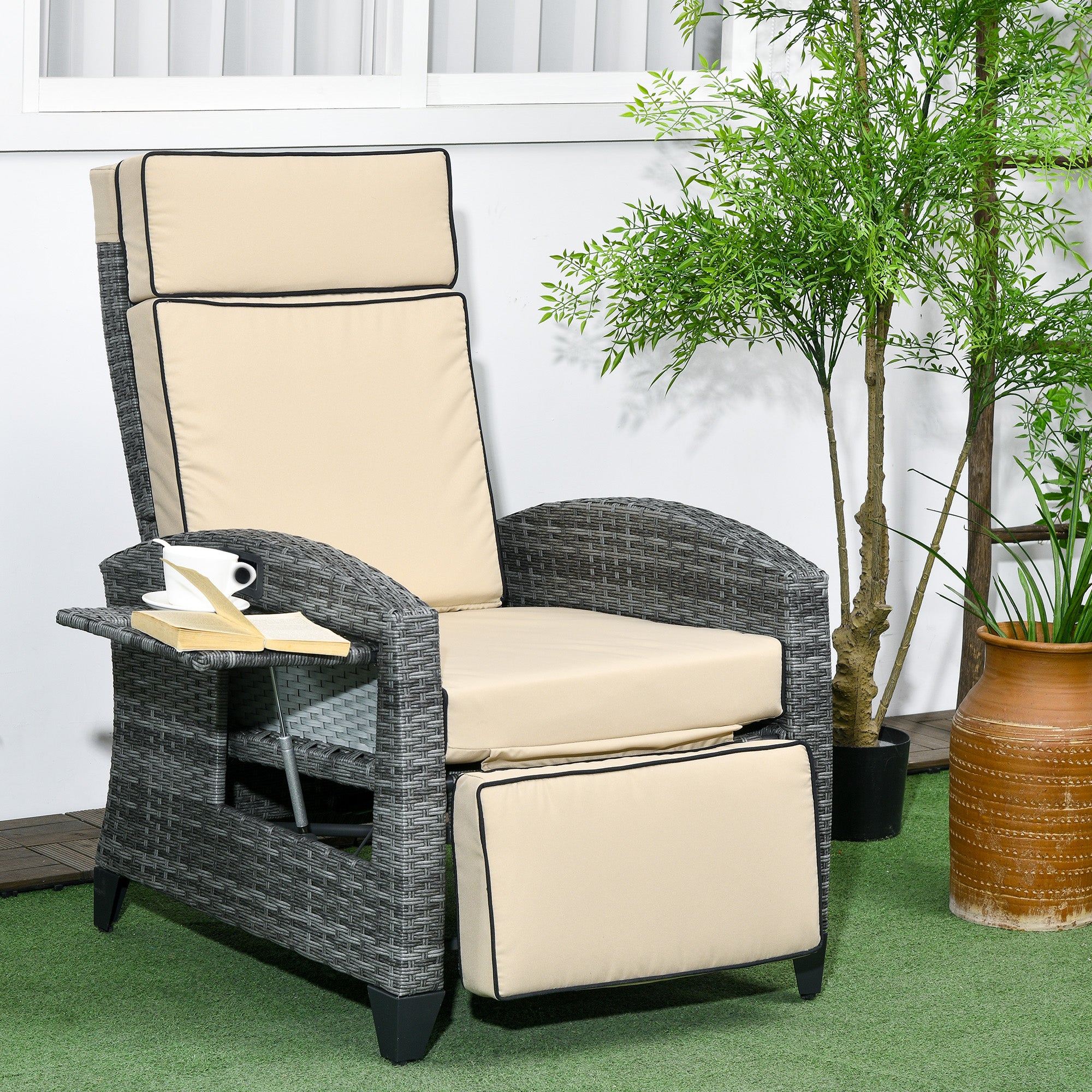 Outdoor Recliner Chair with Cushions, Reclining Patio Lounge Chair with Adjustable Footrest, Armrests, Tray Table, Khaki