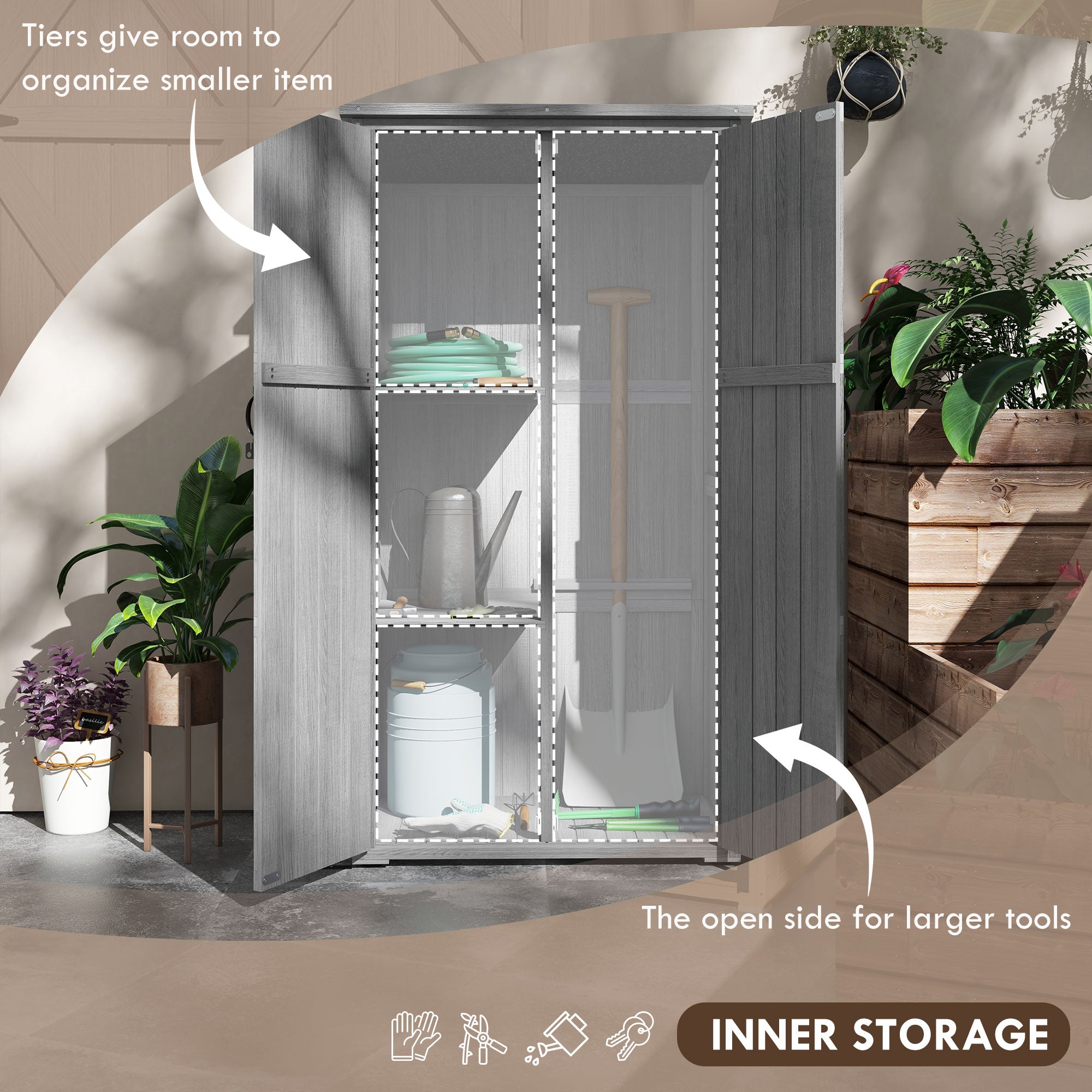 Wooden Outdoor Storage Cabinet Garden Shed with Waterproof Asphalt Roof and Lockable Doors, Gray