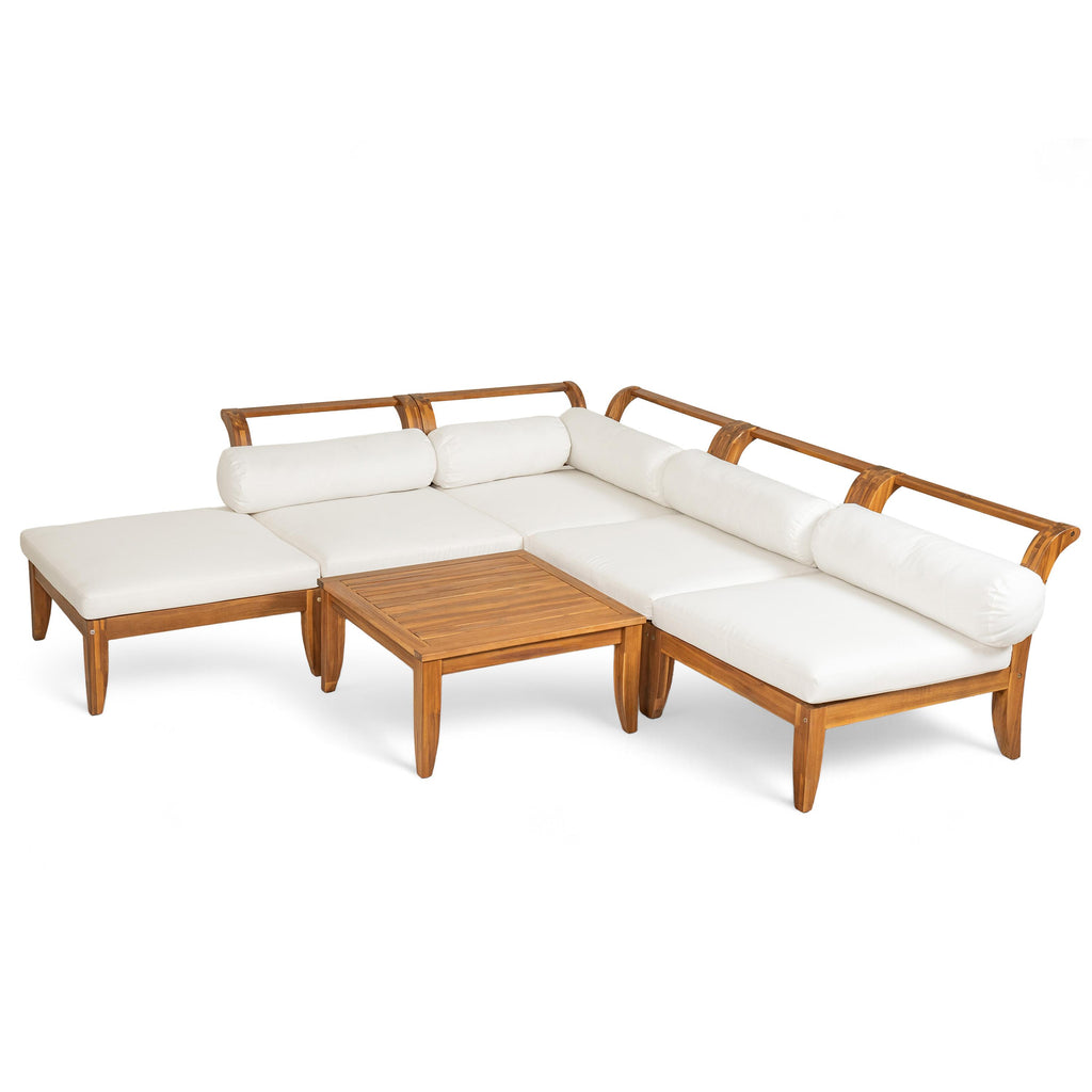 6 Piece Patio Sofa Set with Tea Table & Ottoman for Garden, Modular Sectional with 5 Thick Cushion, 30" L x 27.5" W x 16" H, Teak+Beige