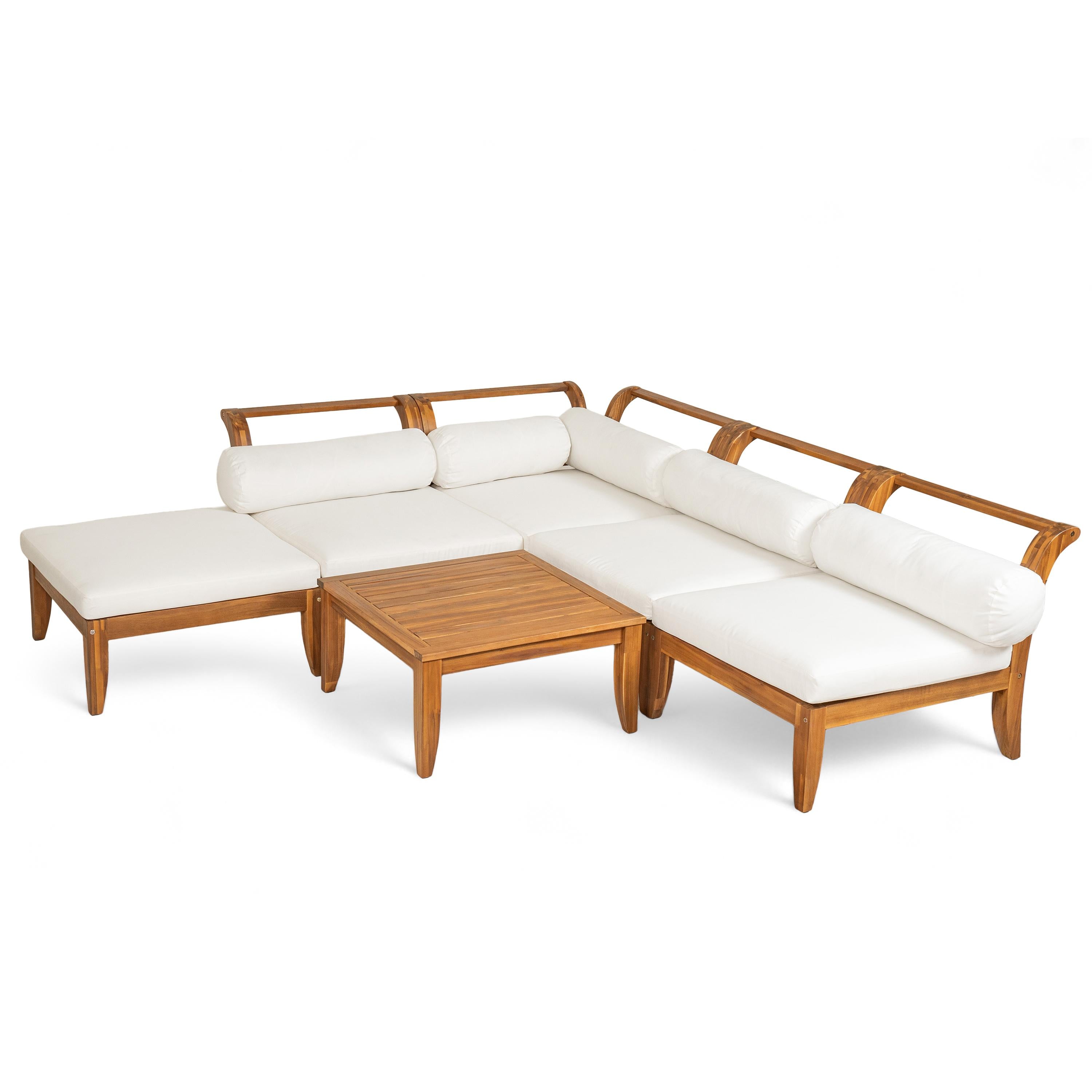 6 Piece Patio Sofa Set with Tea Table & Ottoman for Garden, Modular Sectional with 5 Thick Cushion, 30" L x 27.5" W x 16" H, Teak+Beige