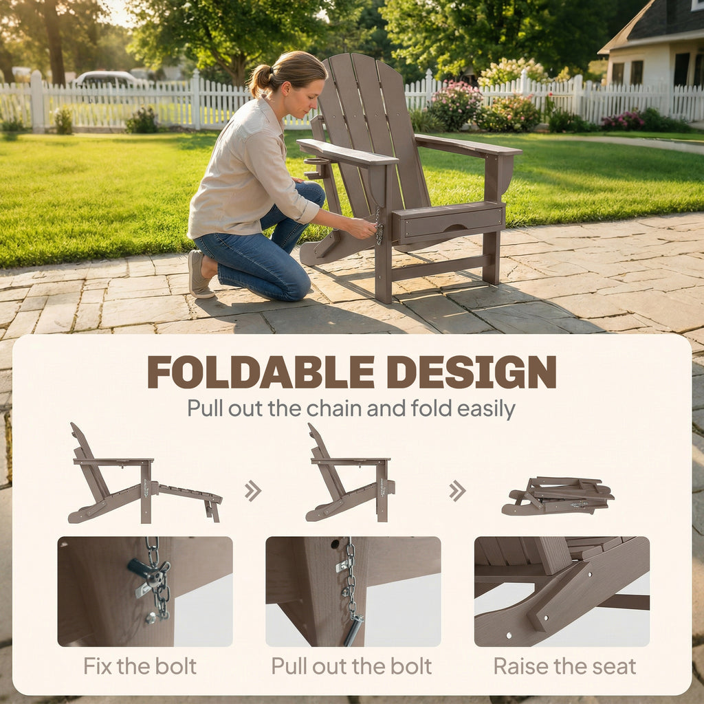 Folding Adirondack Chair Set of 2, HDPE Fire Pit Chair with Retractable Ottoman and Cup Holder, Brown