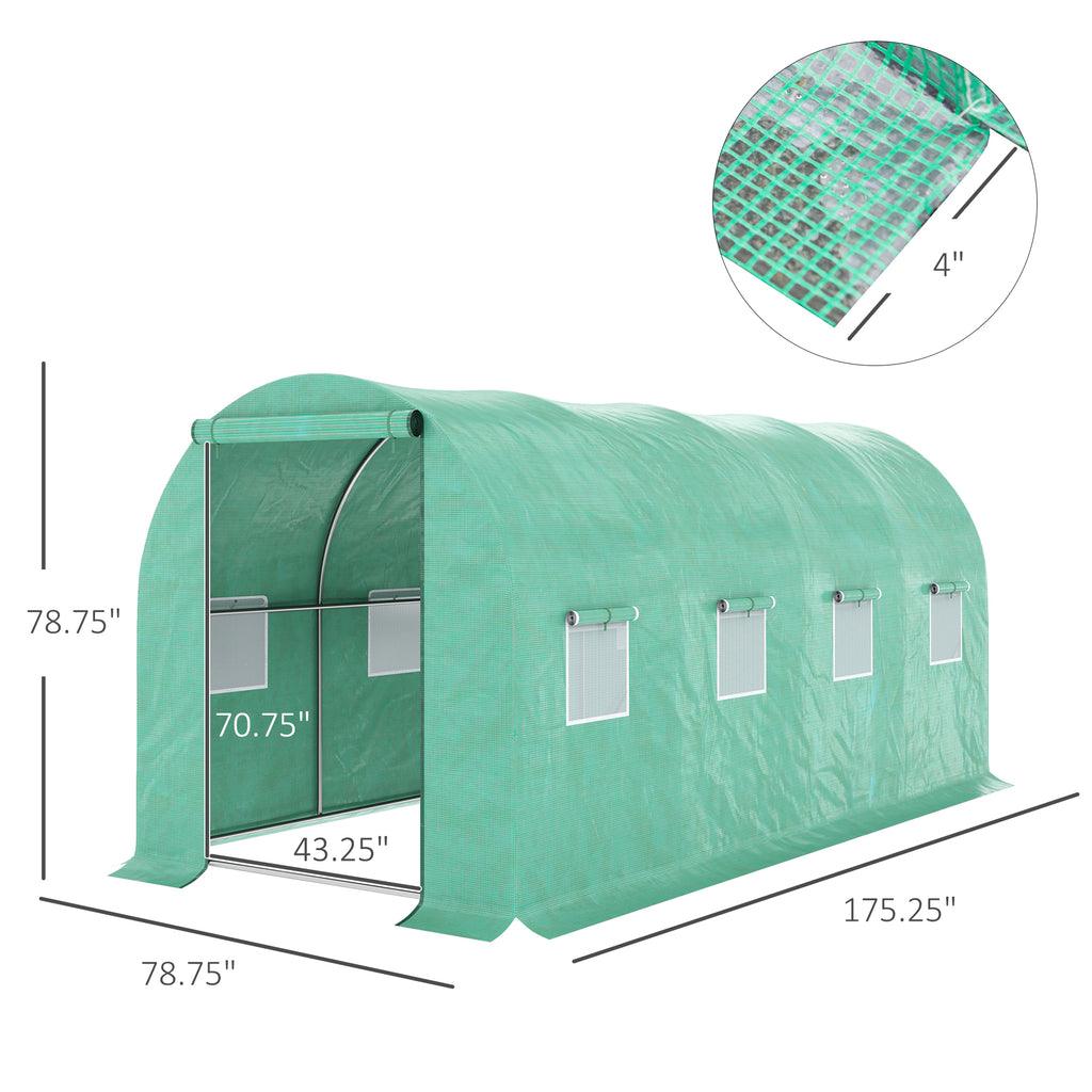 15' x 7' x 6.5' Walk-in Tunnel Hoop Greenhouse, Green House for Outside with PE Cover, Steel Frame, Roll-Up Zipper Door & Windows for Flowers, Vegetables, Tropical Plants, Green