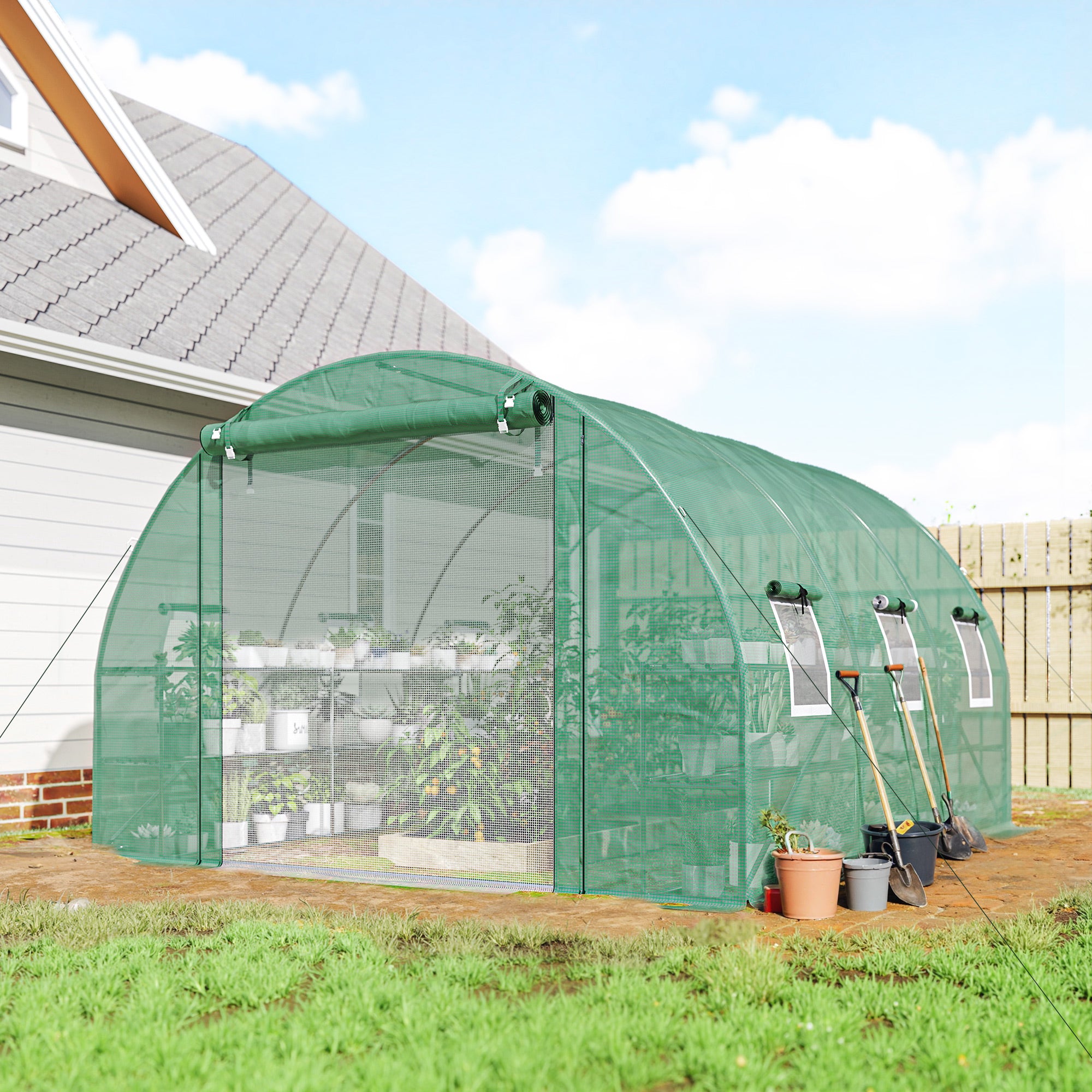 10'x11'x6' Walk-in Tunnel Greenhouse with Shelves, Mesh Door and Windows, Hoop House Greenhouse with PE Cover, Green