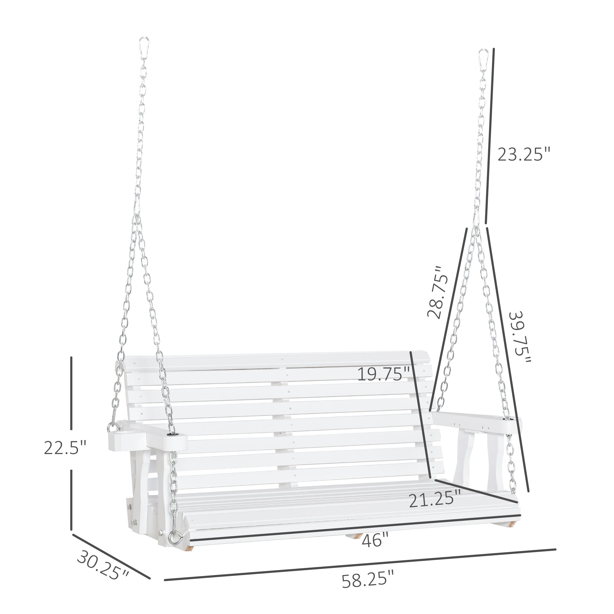 46" 2-Person Porch Swing Wooden Patio Swing Bench with Cup Holders, Slatted Design, Chains, 440lb Weight Capacity, White