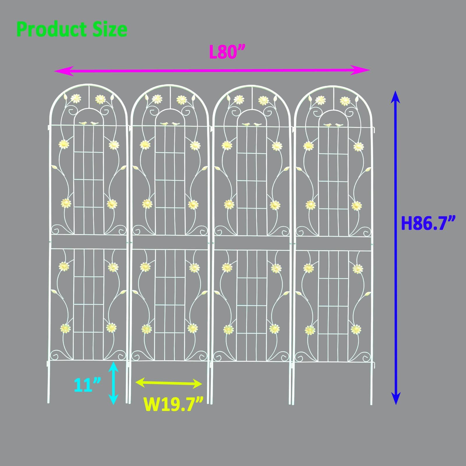 4 Pack Metal Garden Trellis with Bird and Flower Decorations, Rustproof Climbing Plant Support, 87" High, Cream White