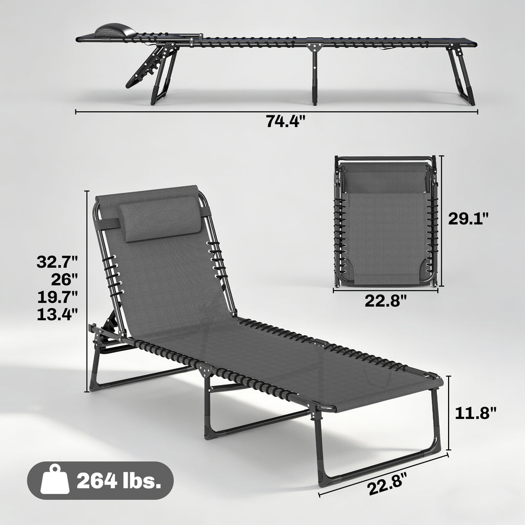 2 Folding Chaise Lounge Pool Chairs with 4-Position Reclining Back, Pillow, Breathable Mesh & Bungee Seat, Gray
