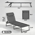 2 Folding Chaise Lounge Pool Chairs with 4-Position Reclining Back, Pillow, Breathable Mesh & Bungee Seat, Gray