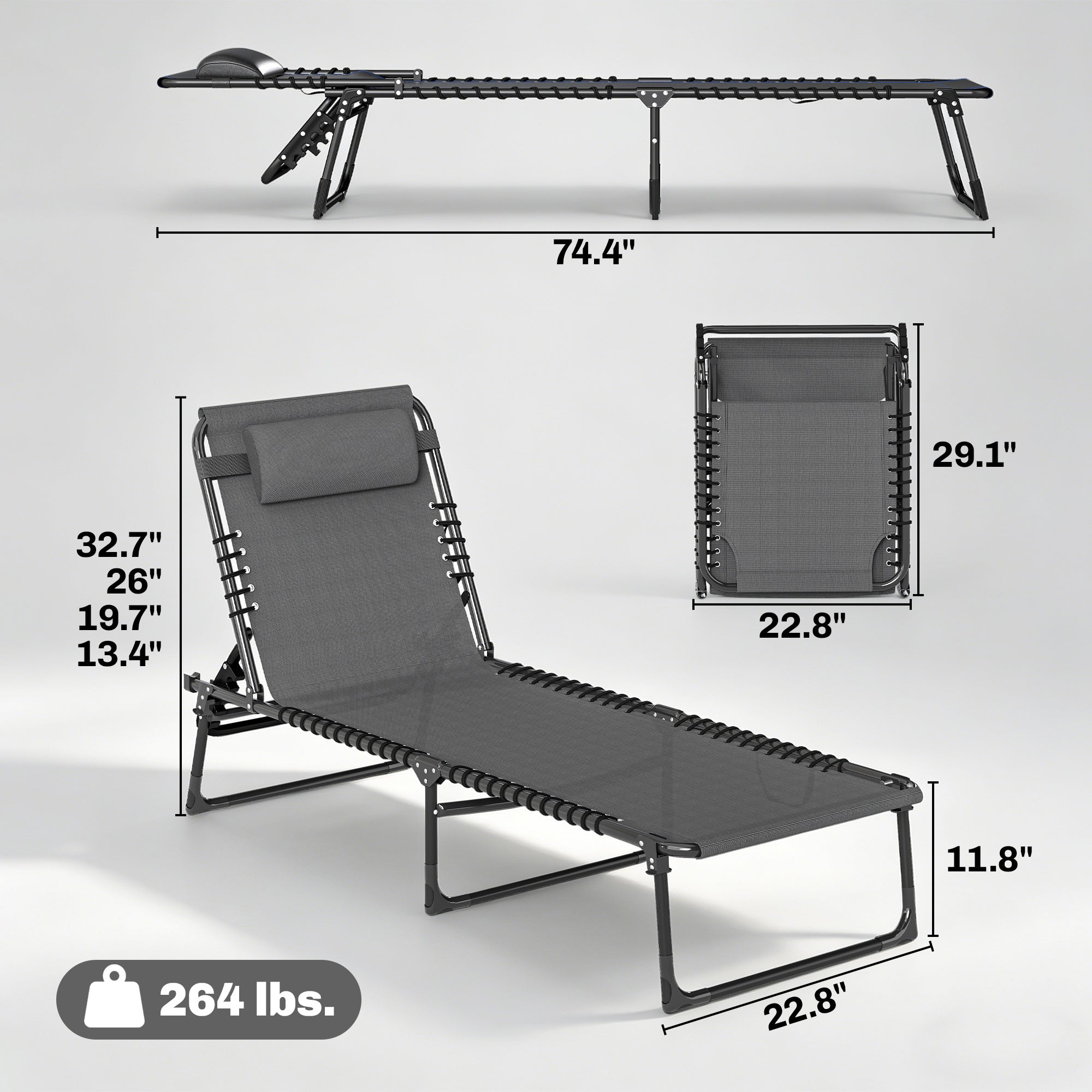 2 Folding Chaise Lounge Pool Chairs with 4-Position Reclining Back, Pillow, Breathable Mesh & Bungee Seat, Gray