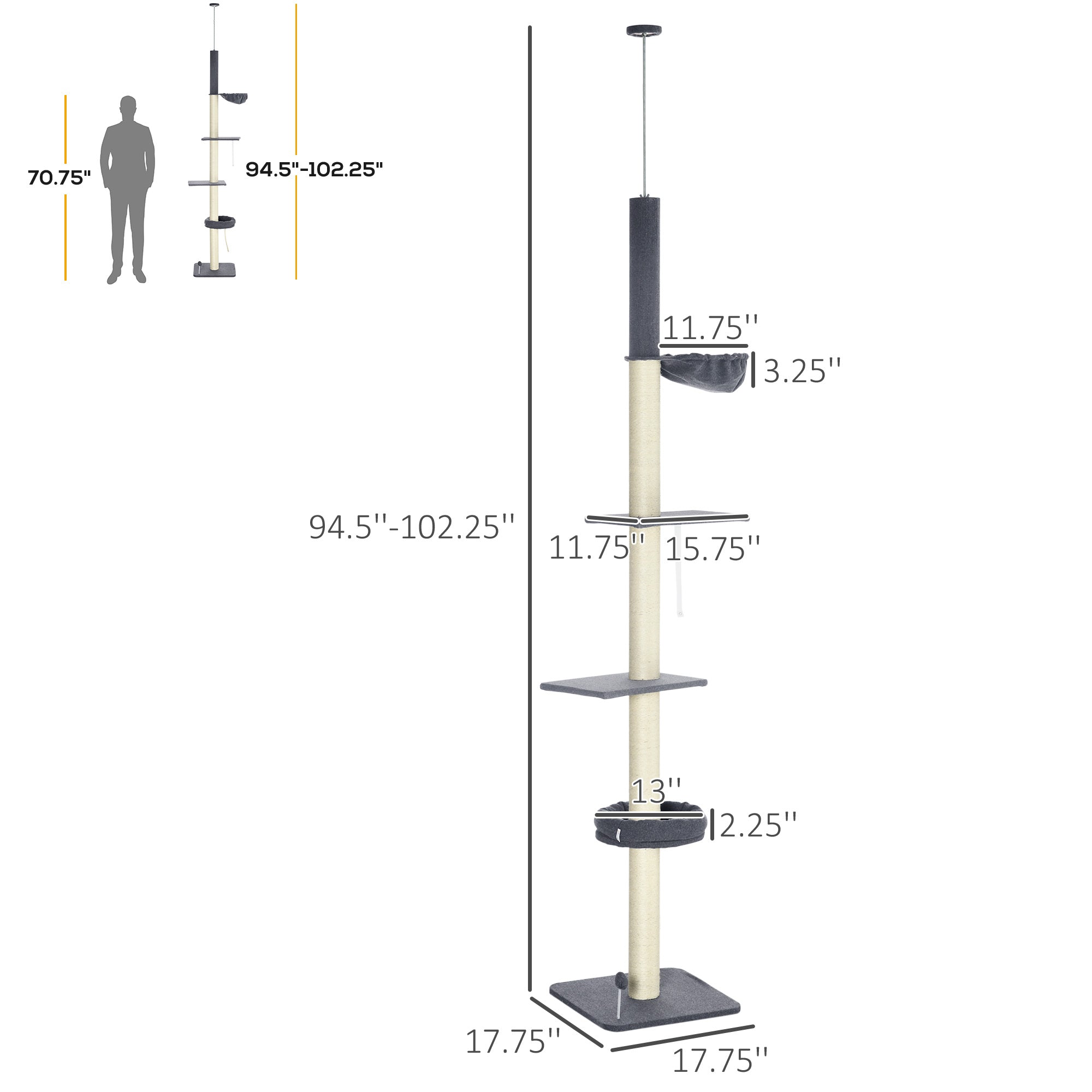 Floor To Ceiling Cat Tree, 5-Tier Cat Climbing Tower, 95''-106'' Height Adjustable with Carpeted Platforms, Cozy Bed, Hammock, Scratching Post & Toy Ball for Indoor Cats, Dark Gray and Cream