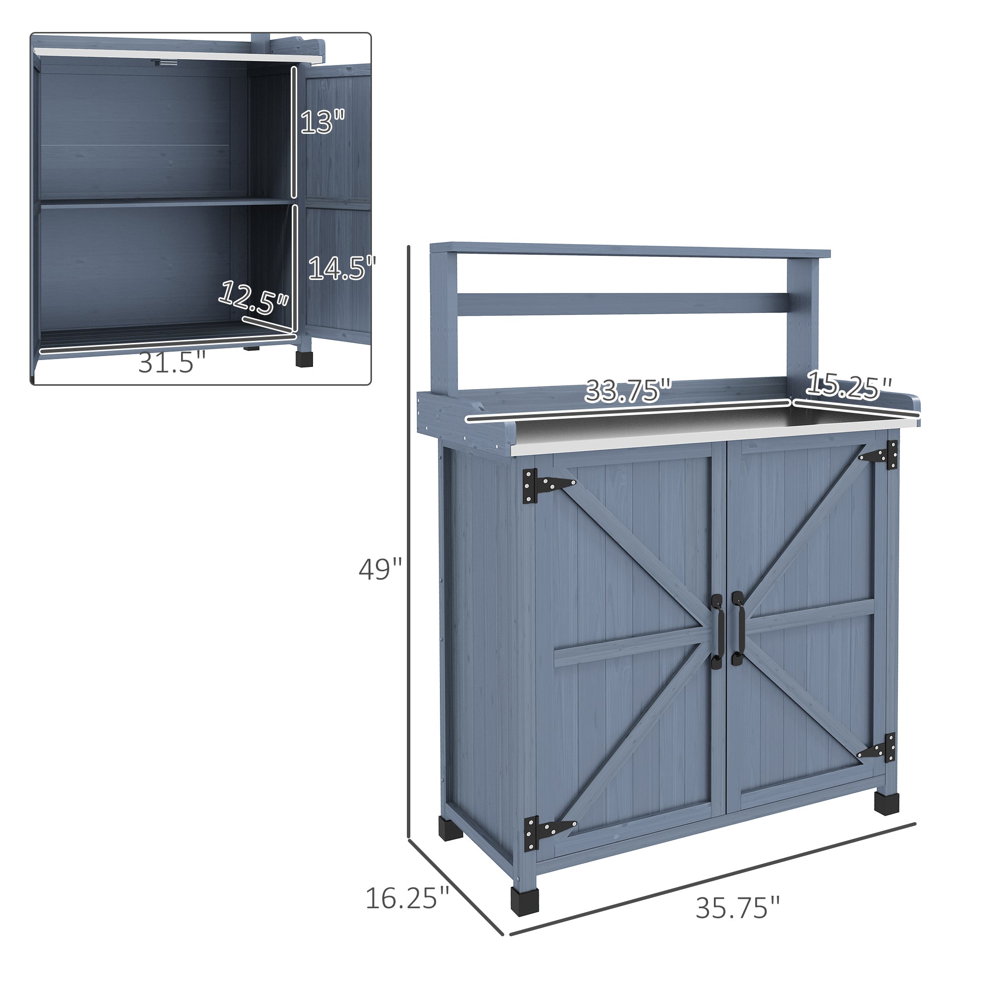 Outdoor Wooden Potting Bench with Storage Cabinet, Shelves, Galvanized Plated Tabletop for Backyard, Balcony, Gray