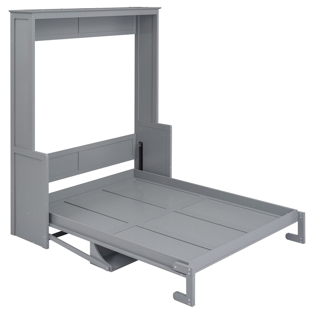 Space-Saving Design Queen Size Murphy Bed with Shelf, Solid Wood and MDF, 86" L x 69.5" W x 87" H, Gray