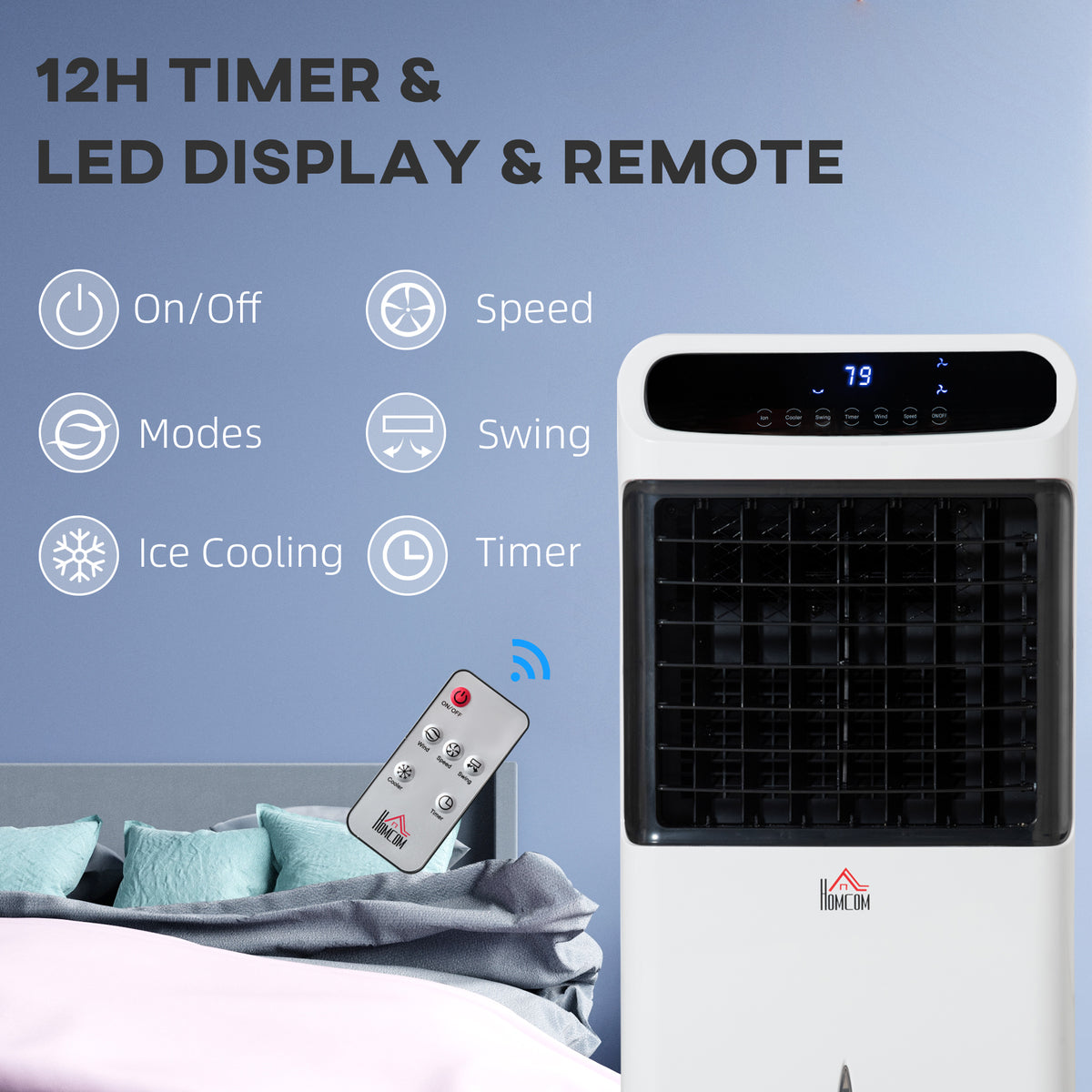 3-In-1 Ice Cooling Fan, Mobile Evaporative Air Cooler with Remote, Timer, Oscillating for Home Office, Bedroom, White