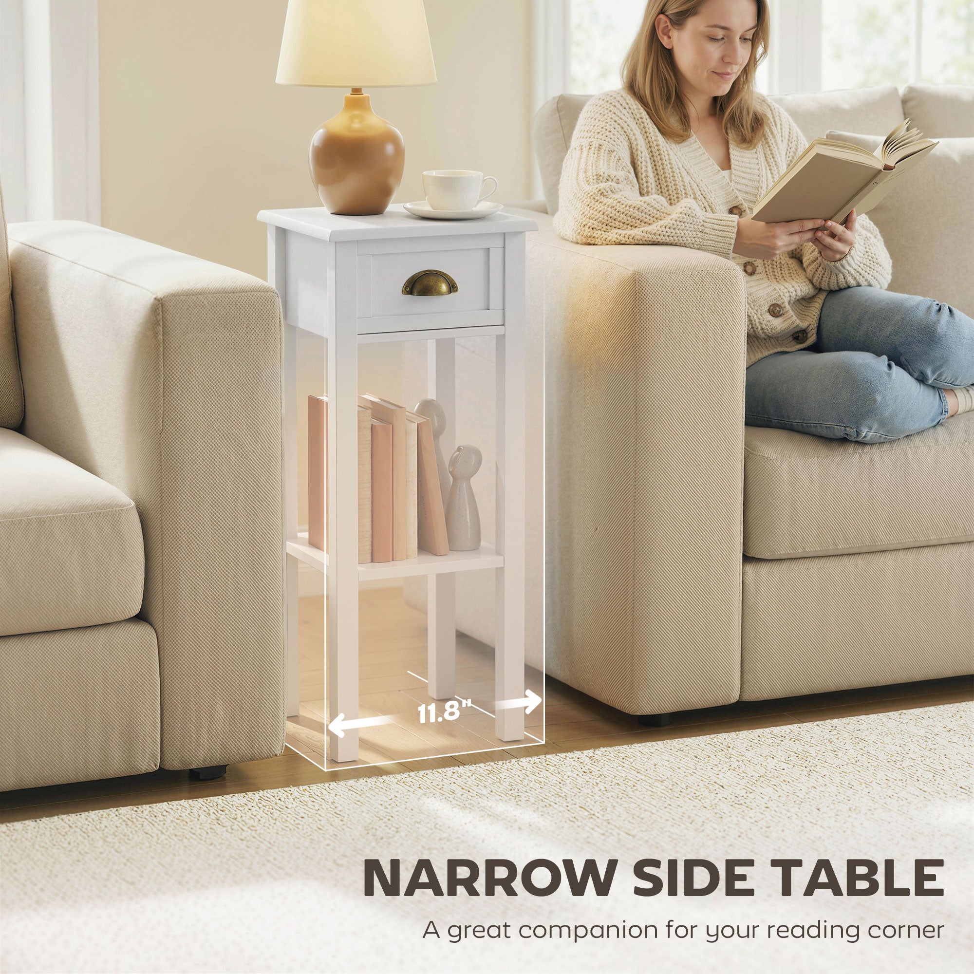 2-Tier Side Table with Drawer and Shelf, End Table for Living Room and Hallway, White