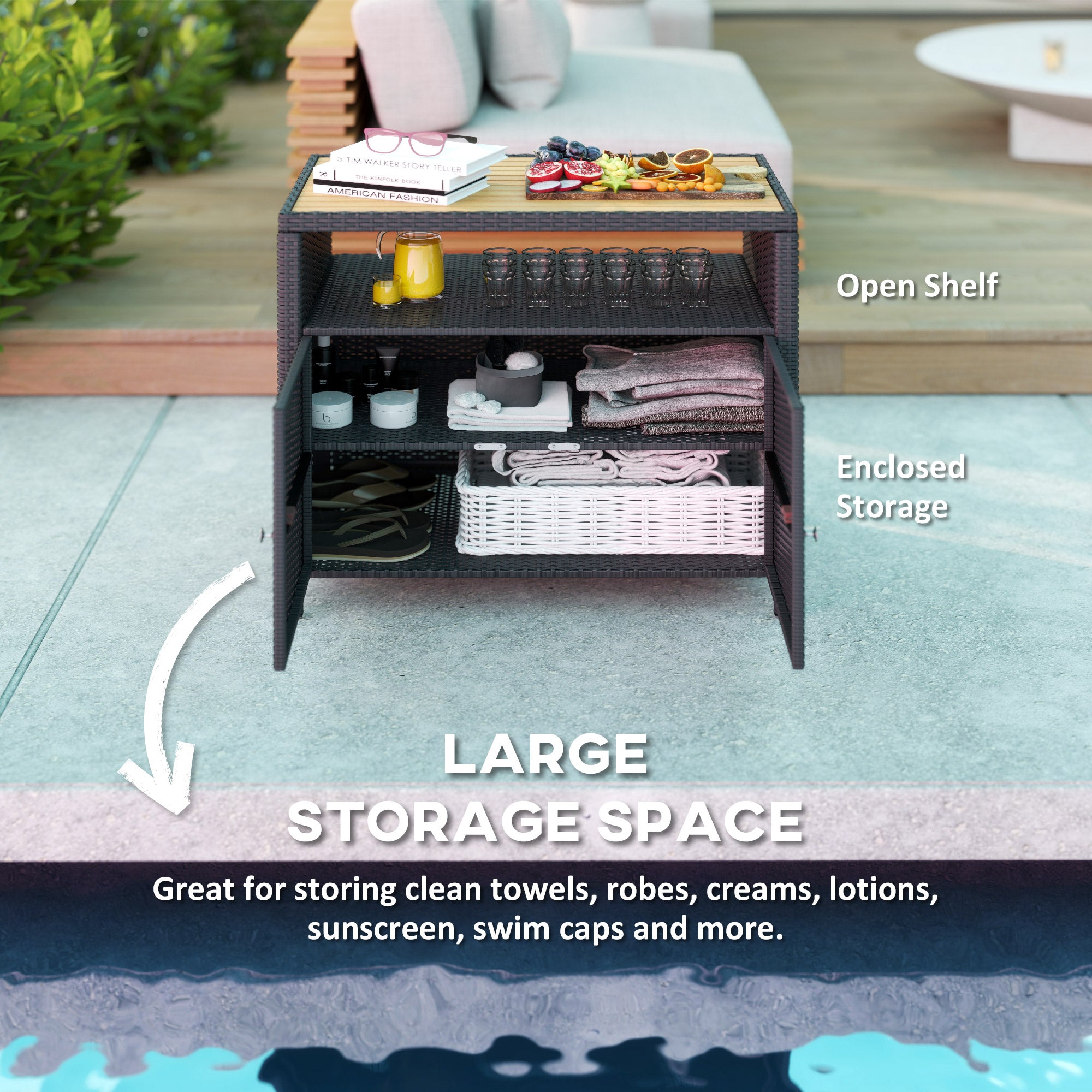 Outdoor Storage Cabinet with Acacia Wood Top, Two Doors, Shelf, Wicker Bar Table for Pool Towel Storage, Black
