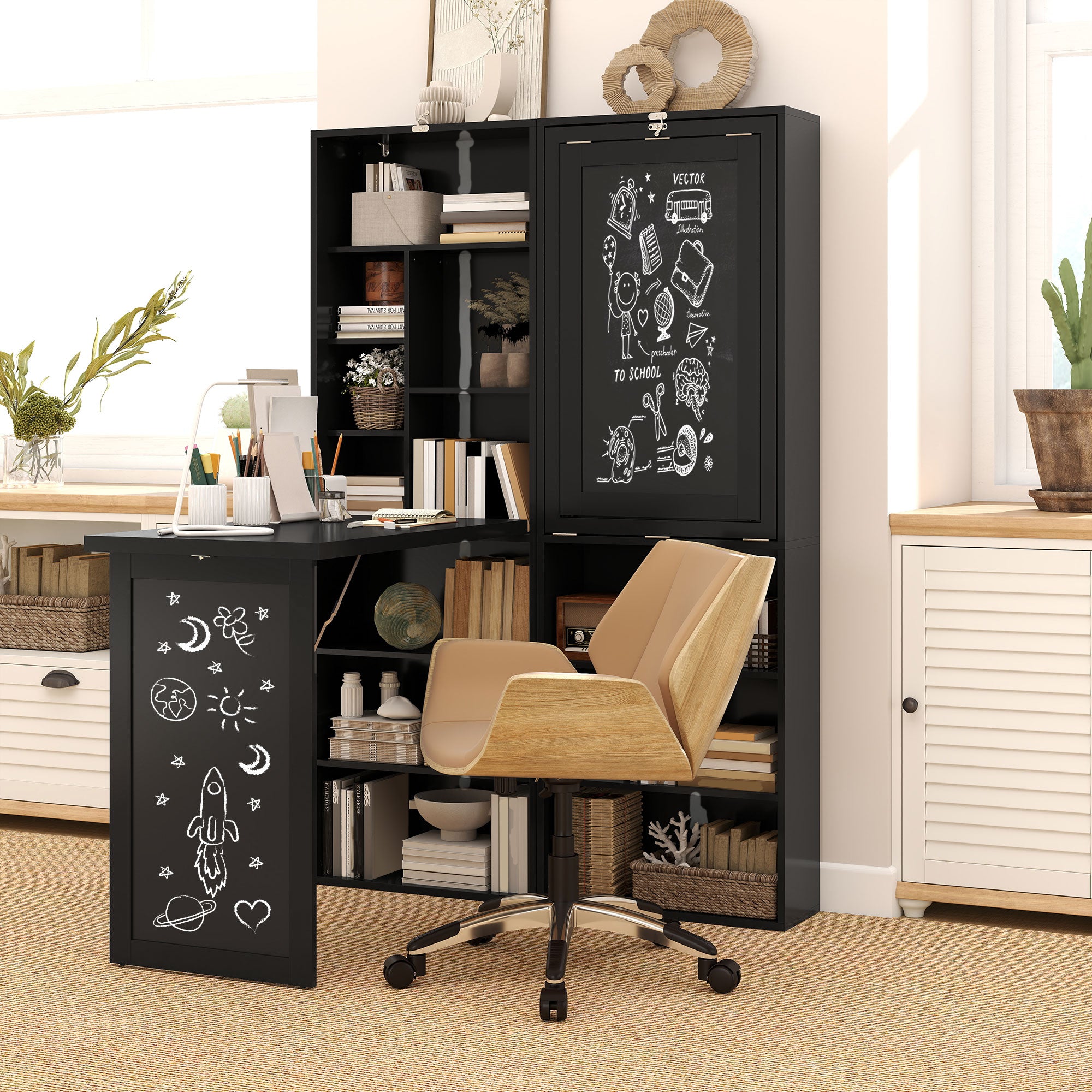 Fold-out Convertible Home Office Desk, Wall Mount Computer Desk with Blackboard and Side Shelf, Black