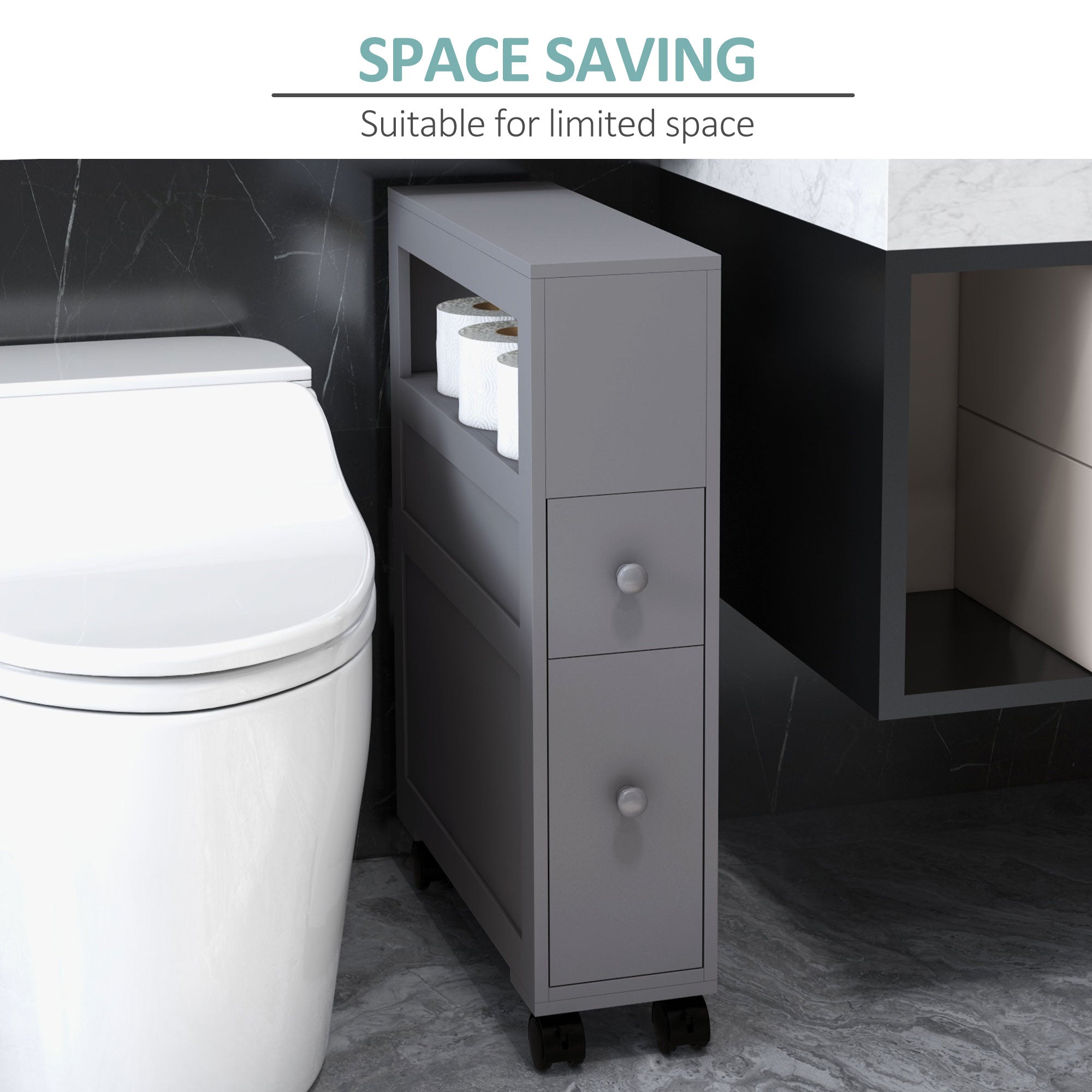 Space Saving Narrow Bathroom Storage Cabinet, Bath Toilet Paper Holder with Drawers and Rolling Wheels, Gray