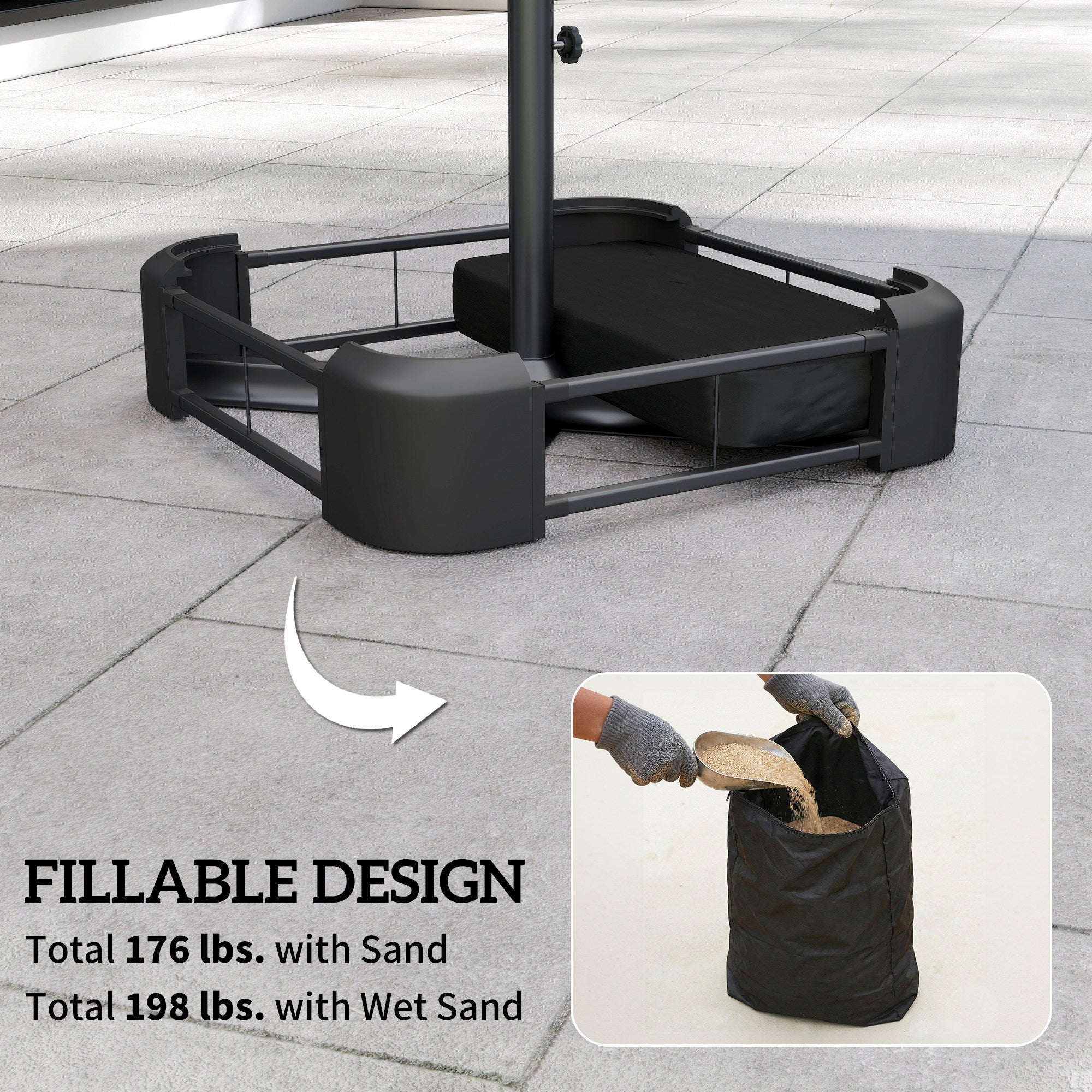 Garden Parasol Base 176 lbs Sand Filled Heavy Duty Stand for Cantilever Umbrellas and 1.9" Poles Black