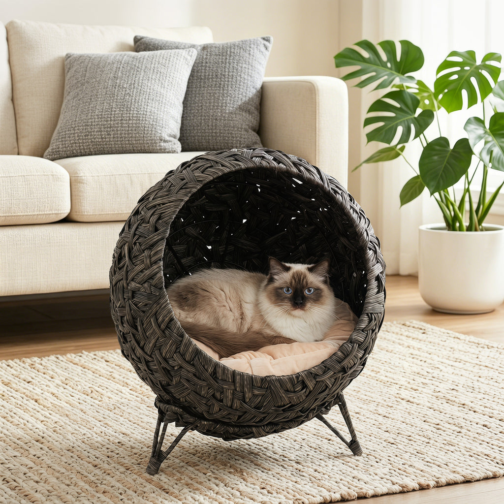Rattan Cat Bed, Elevated Handwoven Cat Basket Bed with Soft Cushion and Metal Base
