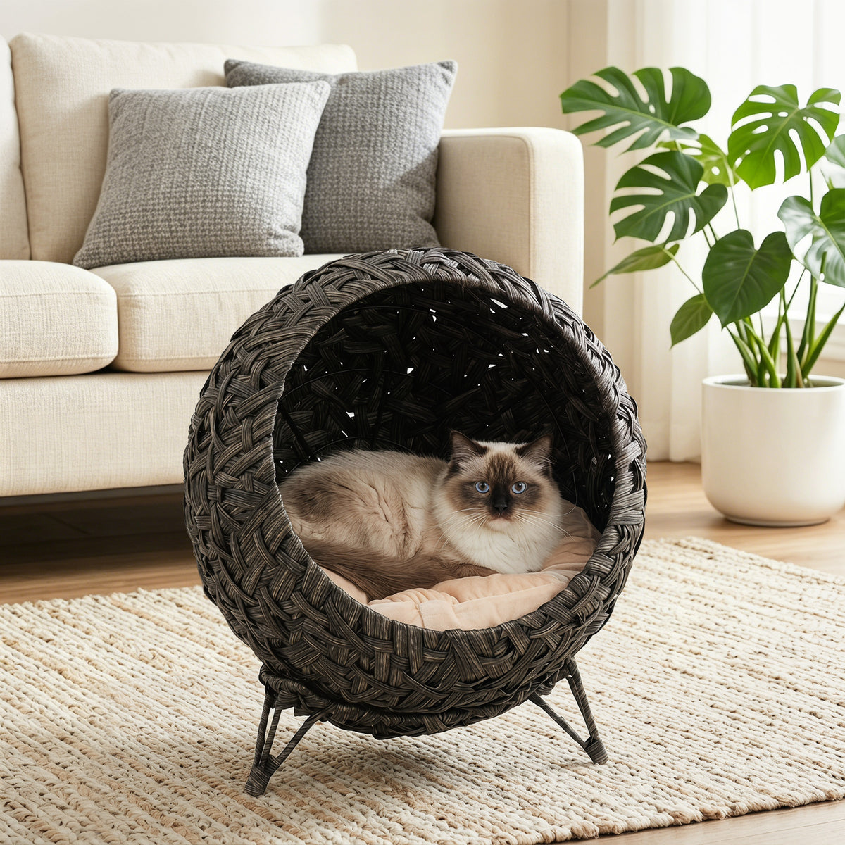Rattan Cat Bed, Elevated Handwoven Cat Basket Bed with Soft Cushion and Metal Base