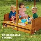 Wooden Kids Sandbox with Cover, Children Outdoor Sand Box with Foldable Bench Seats and Adjustable Canopy, Brown