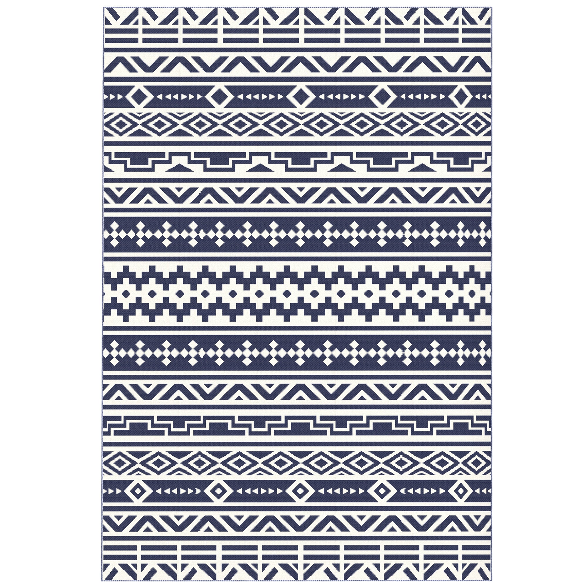 Reversible Outdoor Rug, Waterproof Plastic Straw with Carry Bag, 6' x 9', Blue & White Geometric