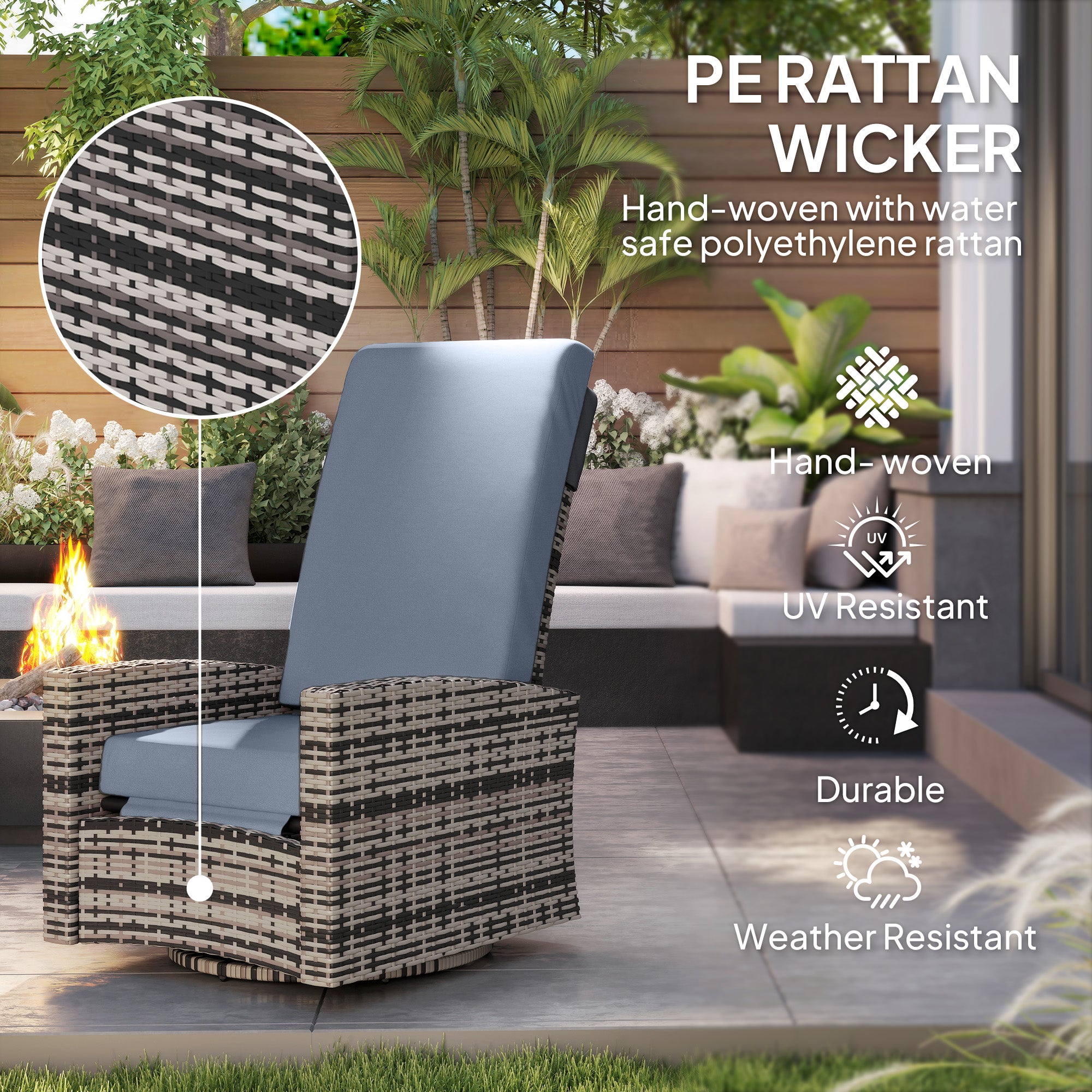 Outdoor Wicker Swivel Recliner Chair, Lifting Footrest, 360° Rotating Basic, Water-resistant Cushions, Gray