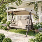 3-Seat Patio Swing Chair, Outdoor Porch Swing Glider with Adjustable Canopy, Removable Cushion, Pillows and Side Trays, for Garden, Poolside, Backyard, Beige