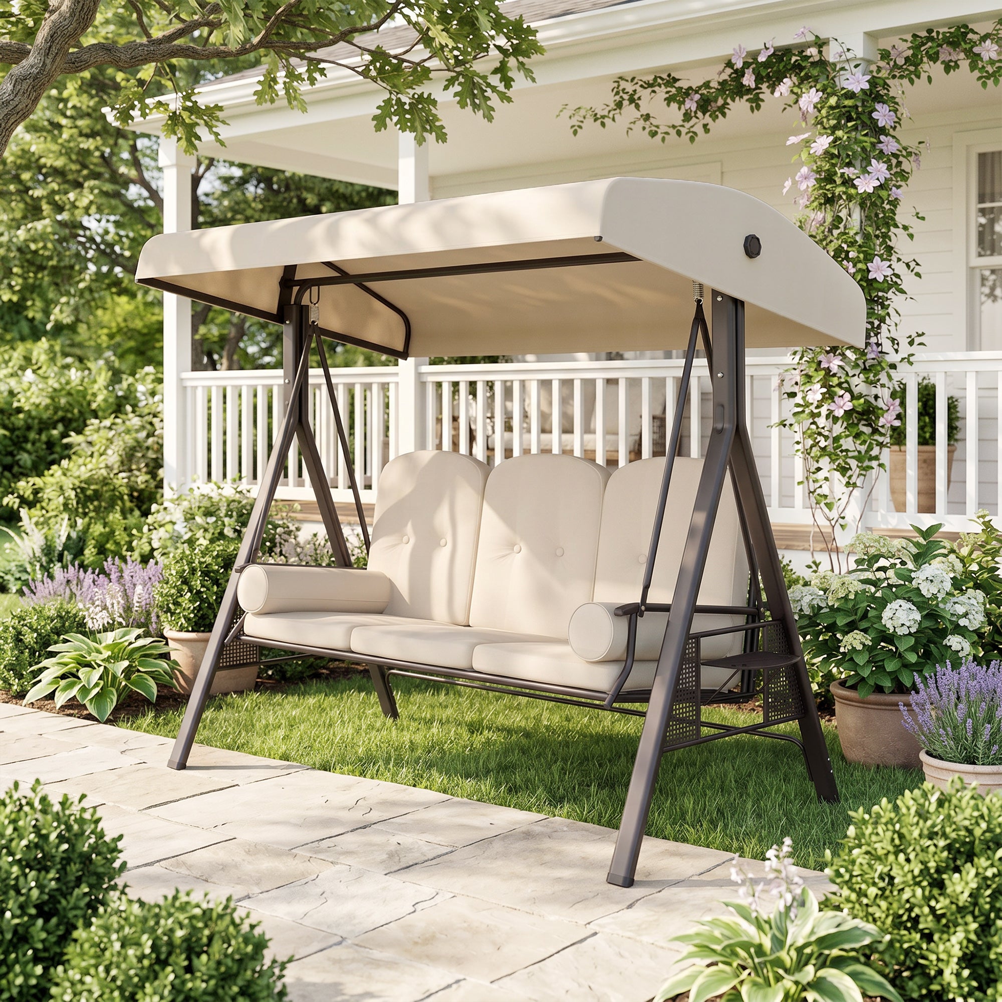 3-Seat Patio Swing Chair, Outdoor Porch Swing Glider with Adjustable Canopy, Removable Cushion, Pillows and Side Trays, for Garden, Poolside, Backyard, Beige