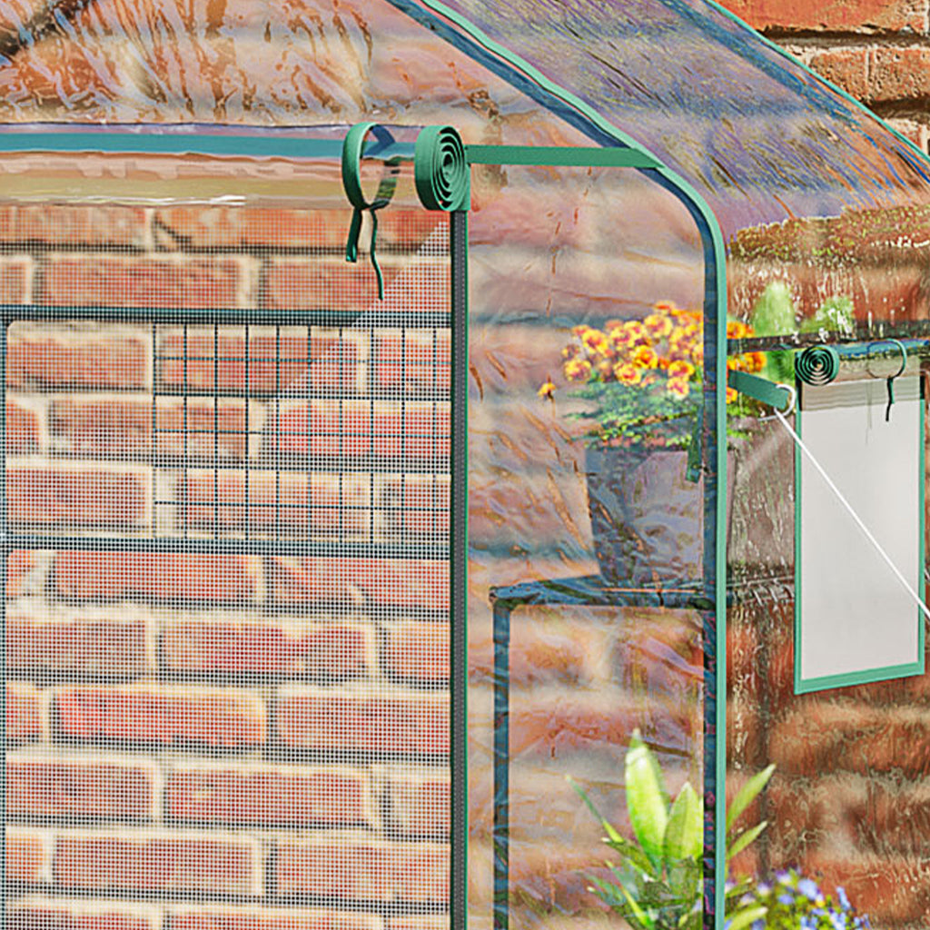 Outdoor Walk-in Mini Greenhouse with Mesh Door & Windows, Small Portable Garden Green House with 3 Tiers 6 Shelves, Trellis, & Plant Labels