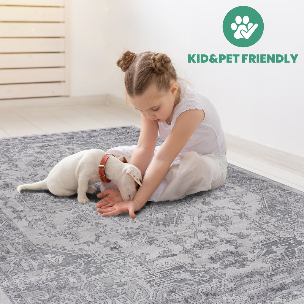 Naar 6x9 Stain-Resistant Area Rug with Non-Shedding Design and Cotton Backing, Kid and Pet-Friendly Carpet, 93" L x 79" W x 0.35" H, Silver