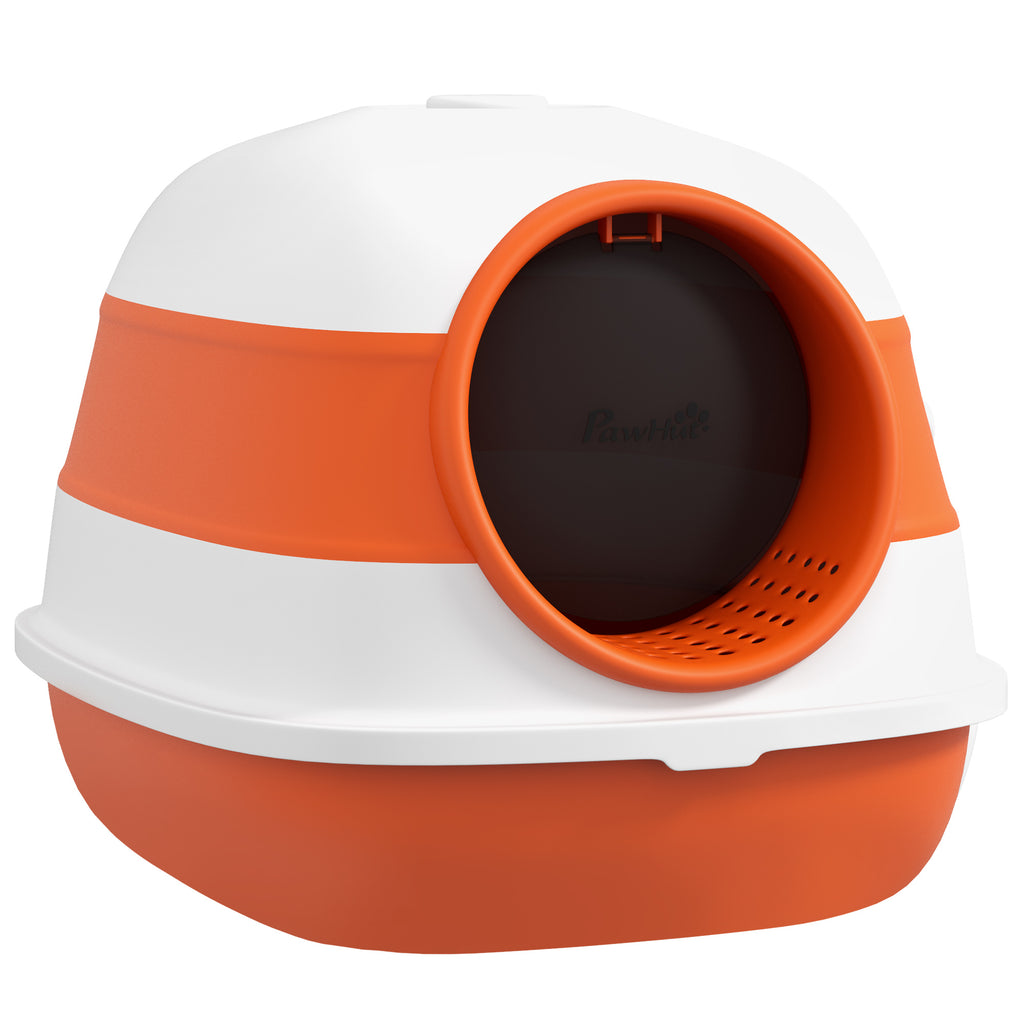 Dome Covered Cat Litter Box with Lid, White and Orange