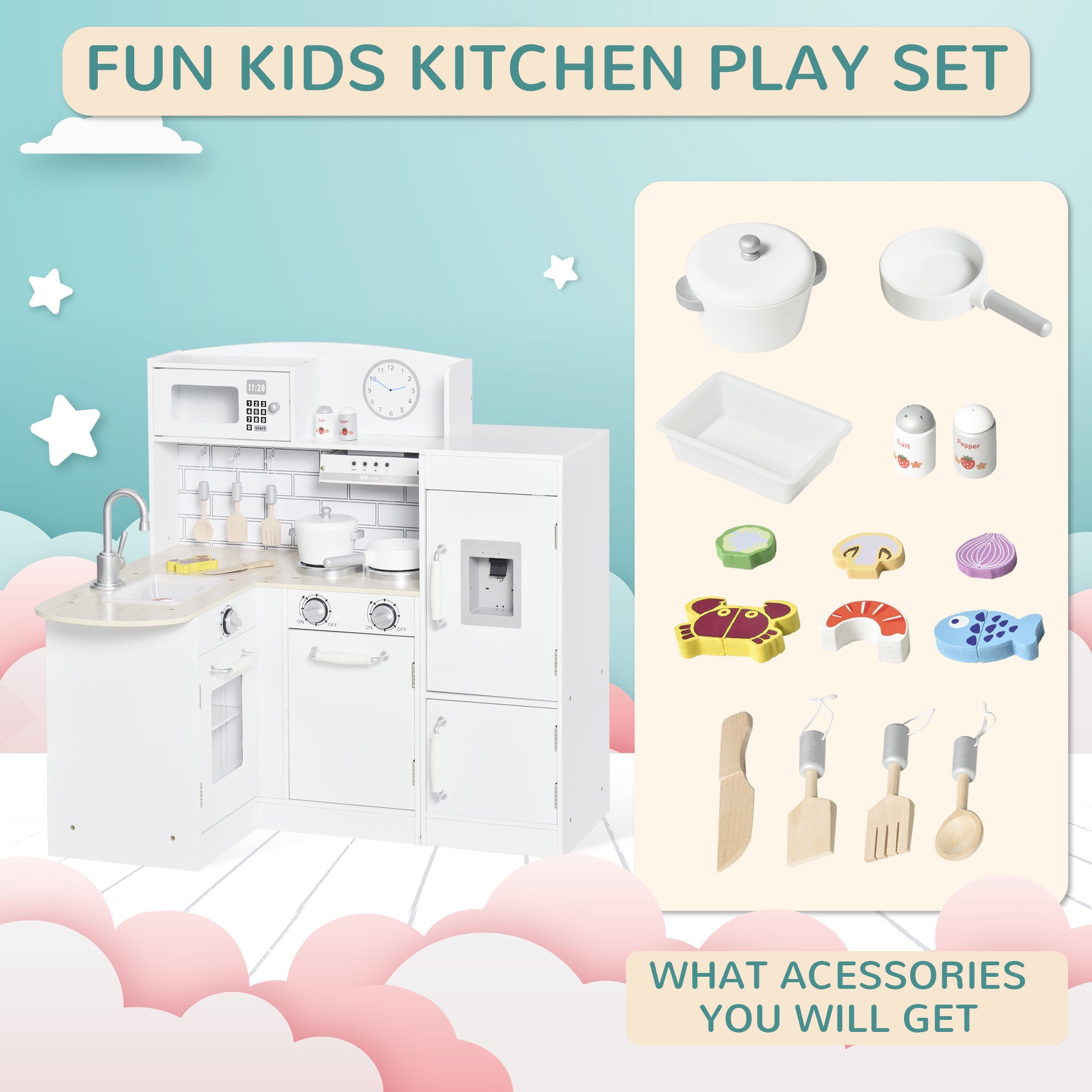 Corner Kids Kitchen Playset, Wooden Pretend Toy Kitchen Set with Drinking Fountain, Microwave, Fridge and Accessories, Pretend Play Kitchen for 3+ Years, White