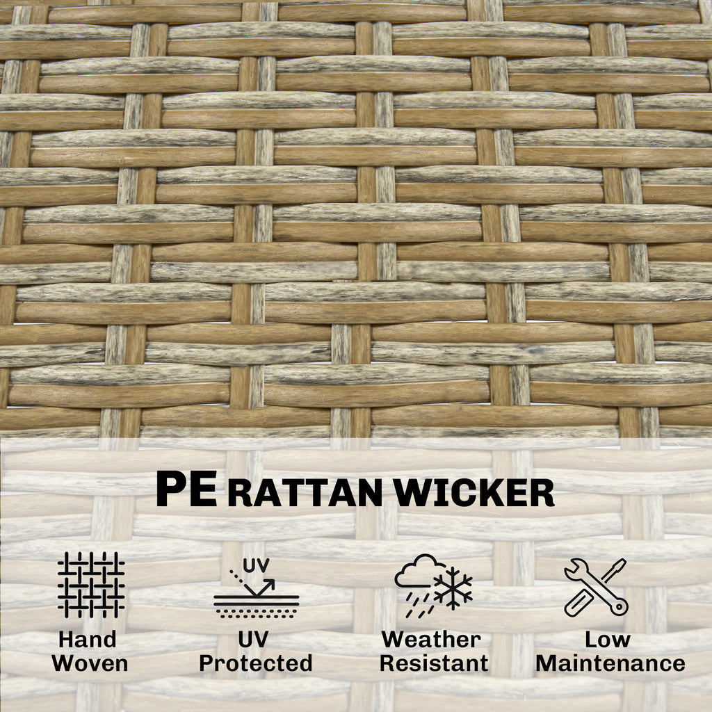 5 Piece Wicker Outdoor Bar Set, Acacia Wood Outdoor High Top Table and Chairs with 3 Tier Shelves, Cushions, Brown