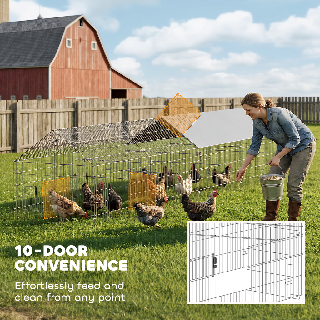 Metal Chicken Coop, Large Chicken Run with Water-Resistant & Anti-UV Cover for 7-9 Hens, Outdoor Hen House with 10 Doors