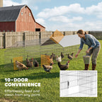 Metal Chicken Coop, Large Chicken Run with Water-Resistant & Anti-UV Cover for 7-9 Hens, Outdoor Hen House with 10 Doors