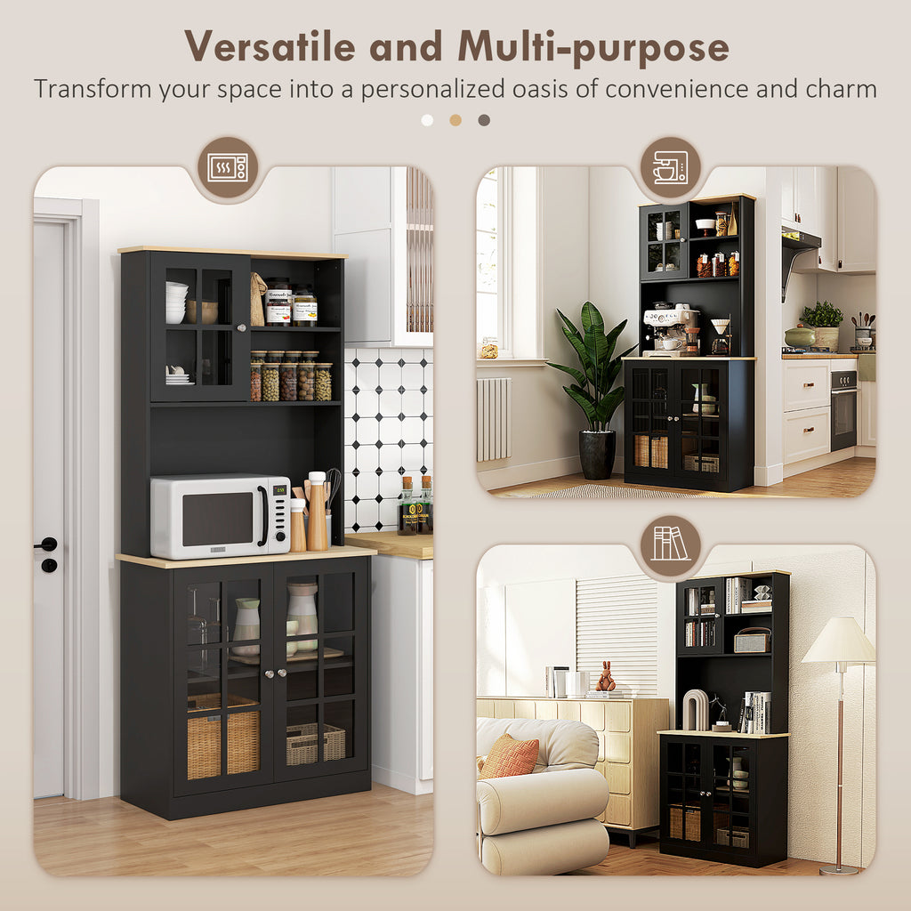 72" Kitchen Pantry Storage Cabinet with Hutch, Large Countertop, Glass Doors and Adjustable Shelves, Black