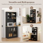 72" Kitchen Pantry Storage Cabinet with Hutch, Large Countertop, Glass Doors and Adjustable Shelves, Black