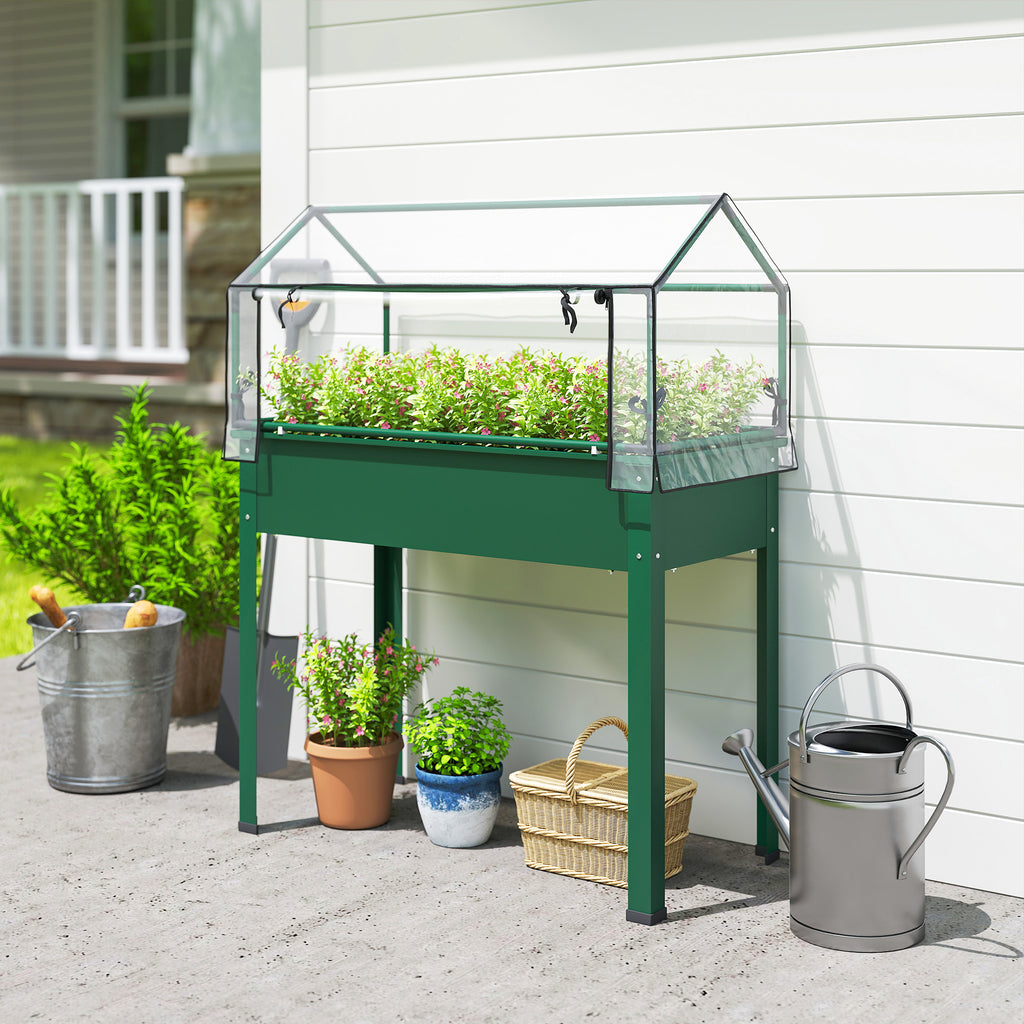 Elevated Garden Box with Greenhouse Cover, Raised Garden Bed with Legs and Drainage Hole for Vegetables, Green