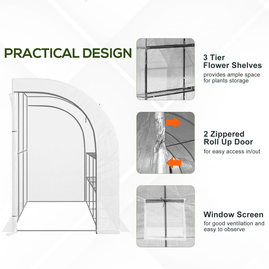 10' x 5' x 7' Outdoor Walk-In Greenhouse, Plant Nursery with Zippered Doors, PE Cover and 3 Wire Shelves, White