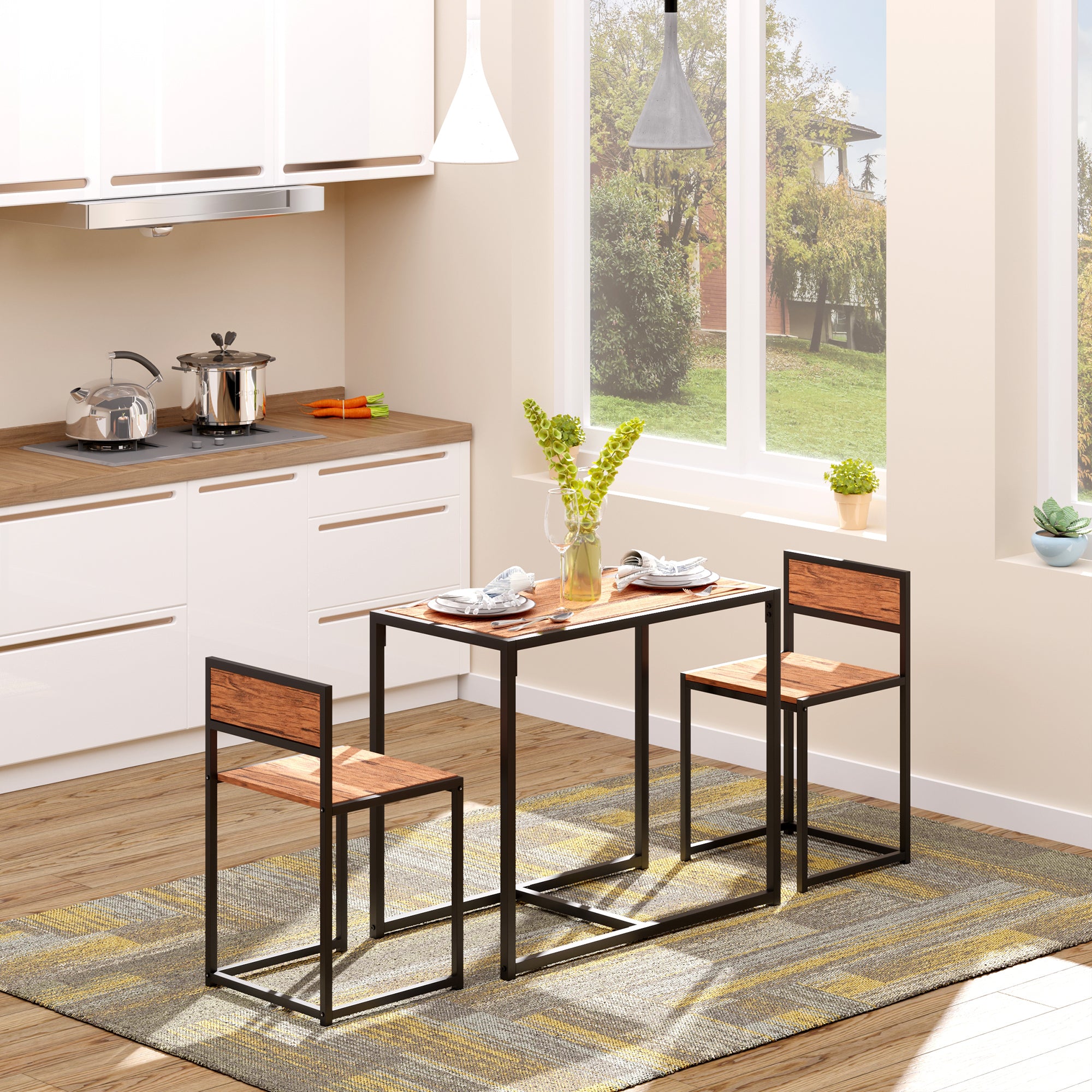 3-Piece Industrial Dining Table Set for 2, Kitchen Table and Chairs, Dining Room Sets for Small Spaces, Rustic Brown