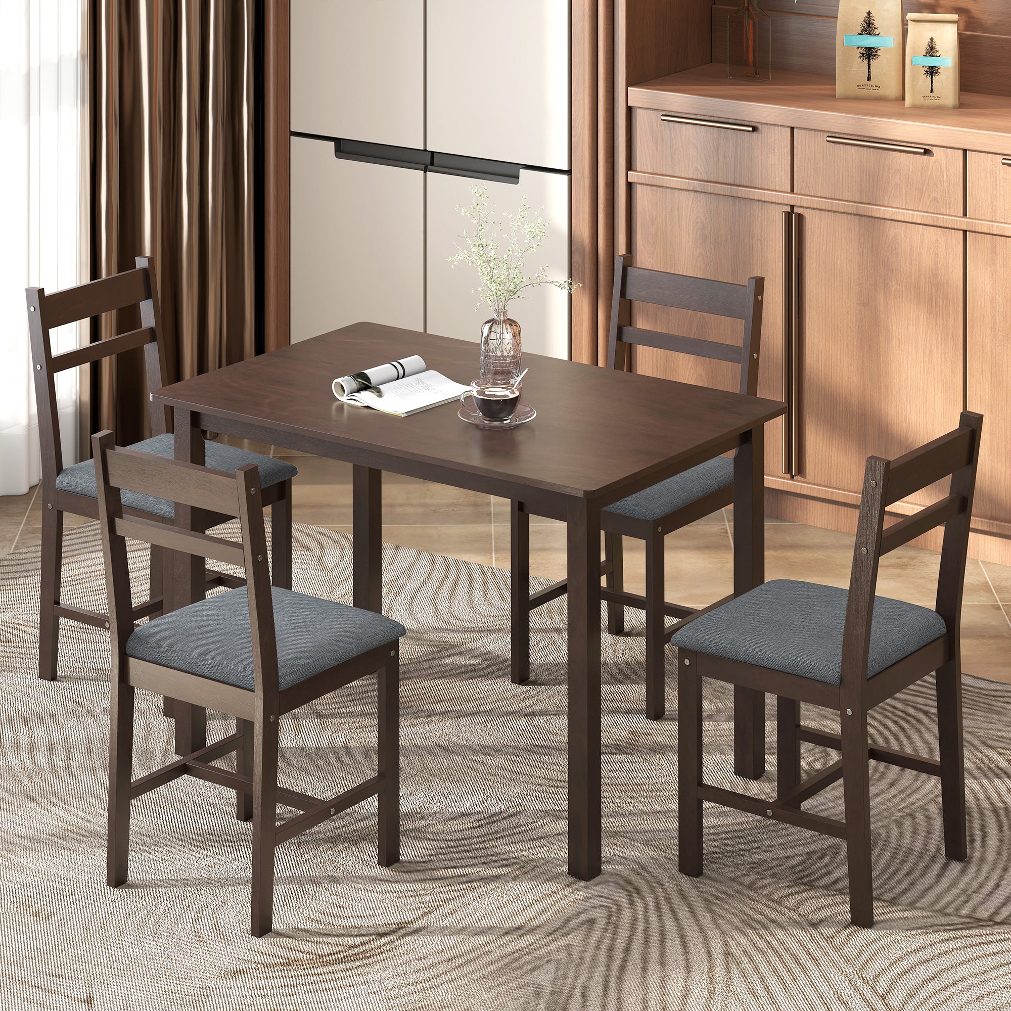 5-Piece Solid Wood Dining Table Set for 4, Farmhouse Kitchen Table with Upholstered Chairs for Dining Room, Walnut
