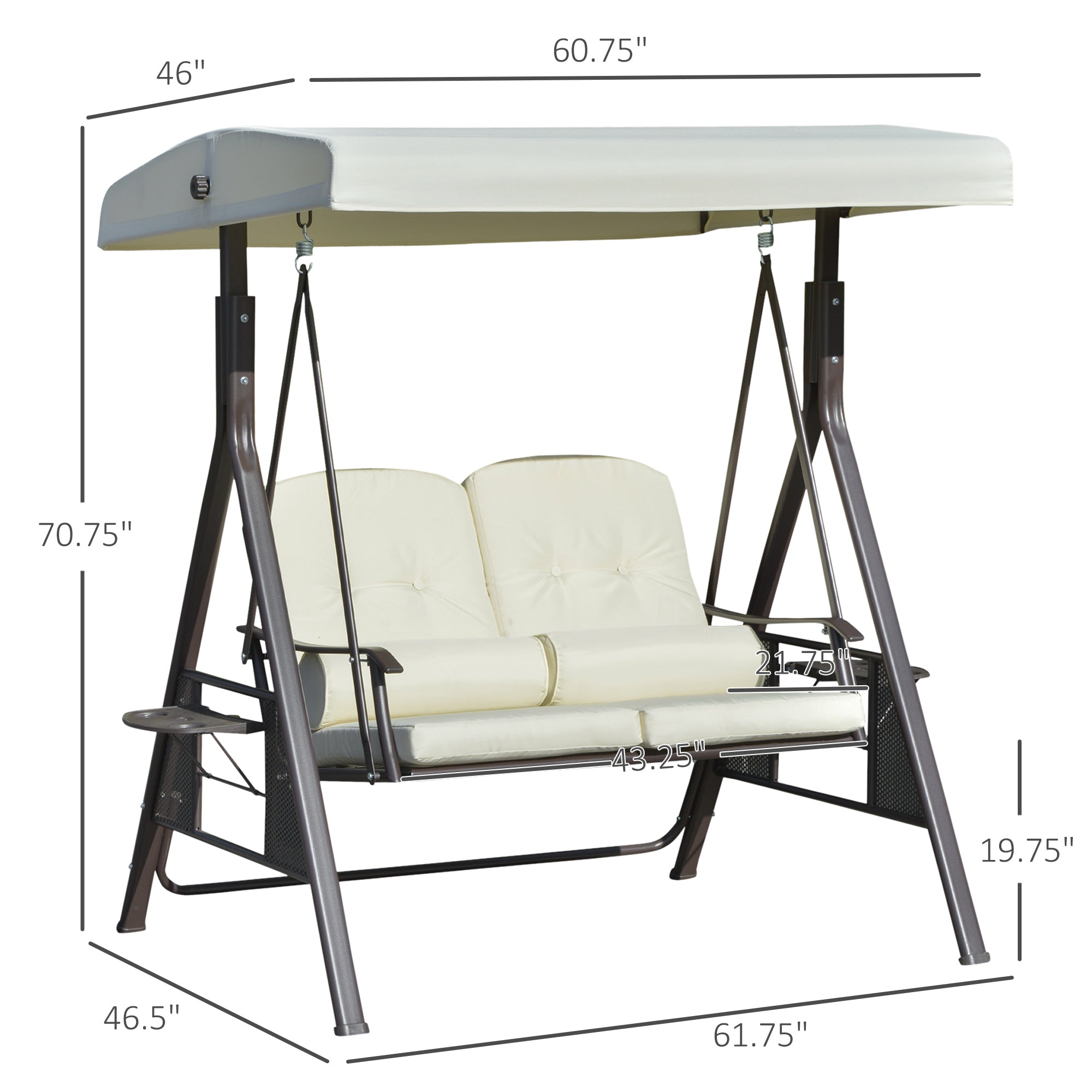 2-Person Patio Swing Bench with Adjustable Shade Canopy, Soft Cushions, Throw Pillows and Tray, Beige.